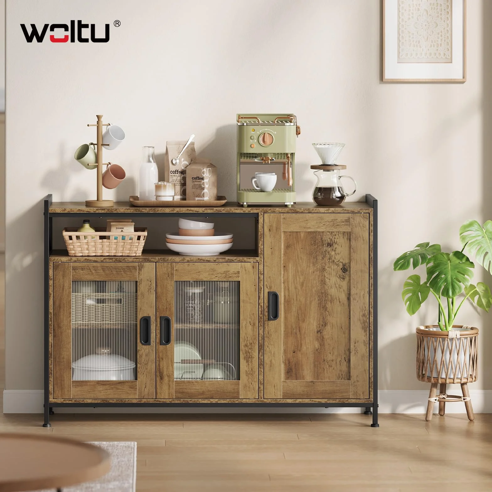 WOLTU Aparador Cocina de Almacenamiento, 3 Puertas, Estantes Ajustables, Mueble Auxiliar de Almacenaje para Cocina Salón y Comedor, Estructura Metal y Madera, 110x33x75 cm, Madera Marrón
