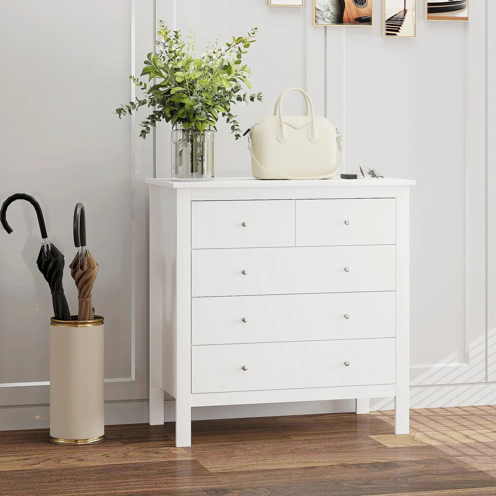 HOMCOM Cómoda con 5 Cajones, Cómoda Dormitorio con Patas Elevadas, Cajonera para Salón, Oficina, Estilo Moderno, 79x39,5x80,5 cm, Blanco