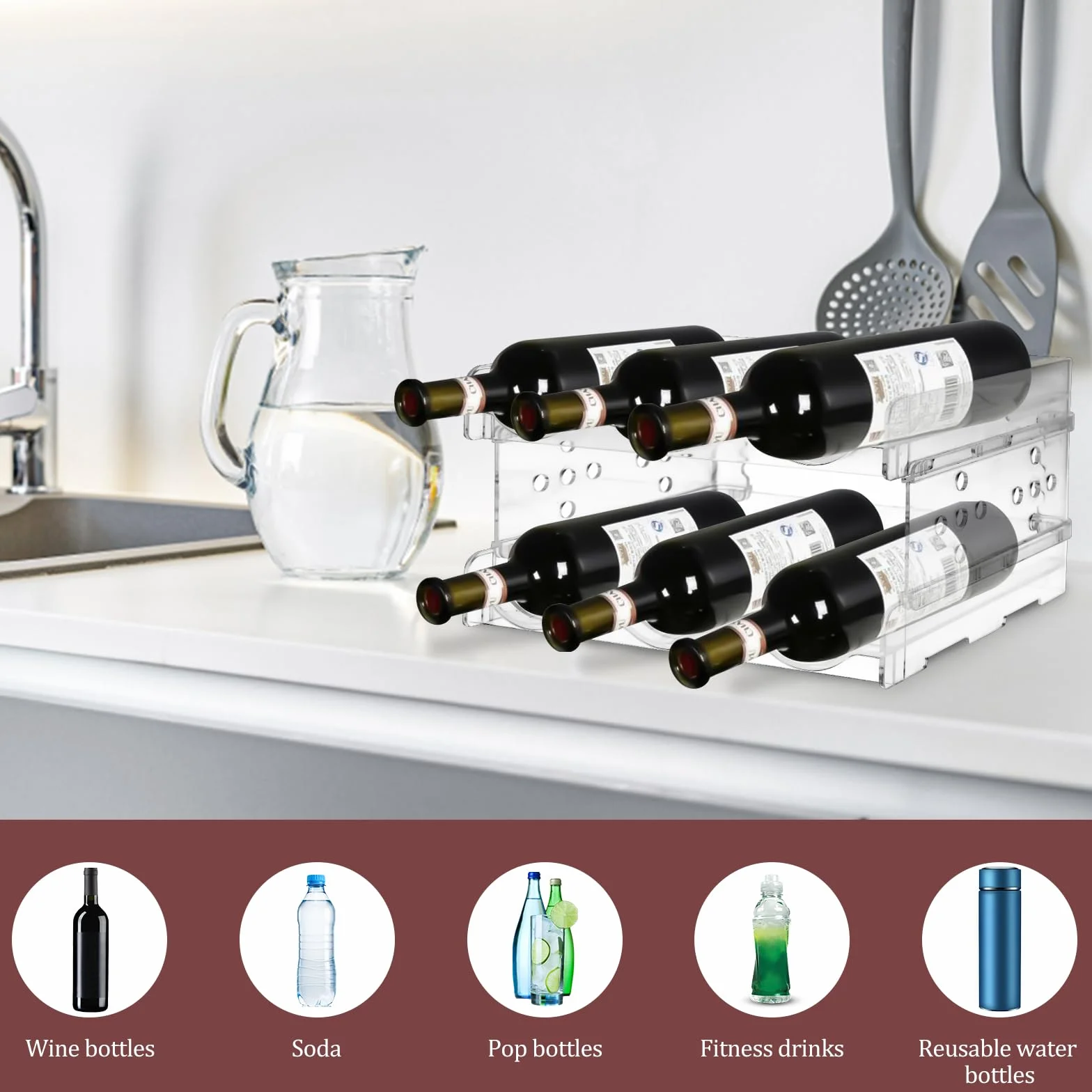 MXTIMWAN Organizador de Botellas, 2 Unidades Botelleros Apilables, Botellero para vinos con Capacidad para 6 Botellas, Almacenamiento Botellas, Porta Botellas Nevera, Botellero Encimera