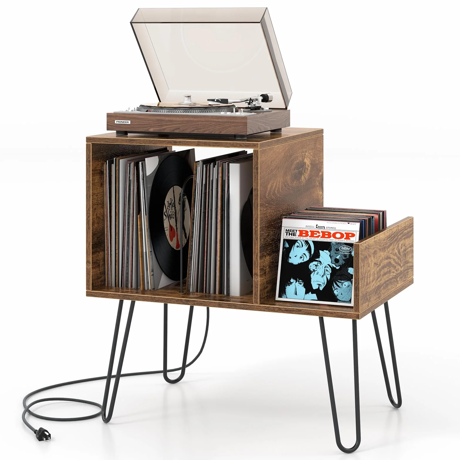 KOMFOTTEU Soporte para Tocadiscos con Estación de Carga, Estantería para Discos de Vinilo, Mesa Auxiliar para 145 Álbumes, Marrón