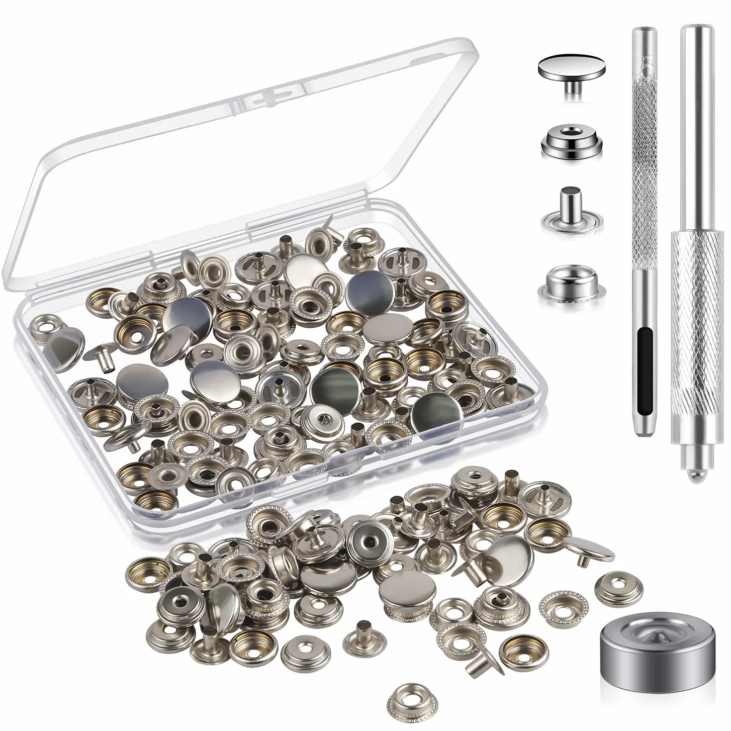 Juego de 200 piezas (50 juegos) de herramientas de cierre a presión de 5/8 pulgadas (15 mm), kit de botones a presión para cuero, kit de cierres a presión para cuero, botón de acero inoxidable para
