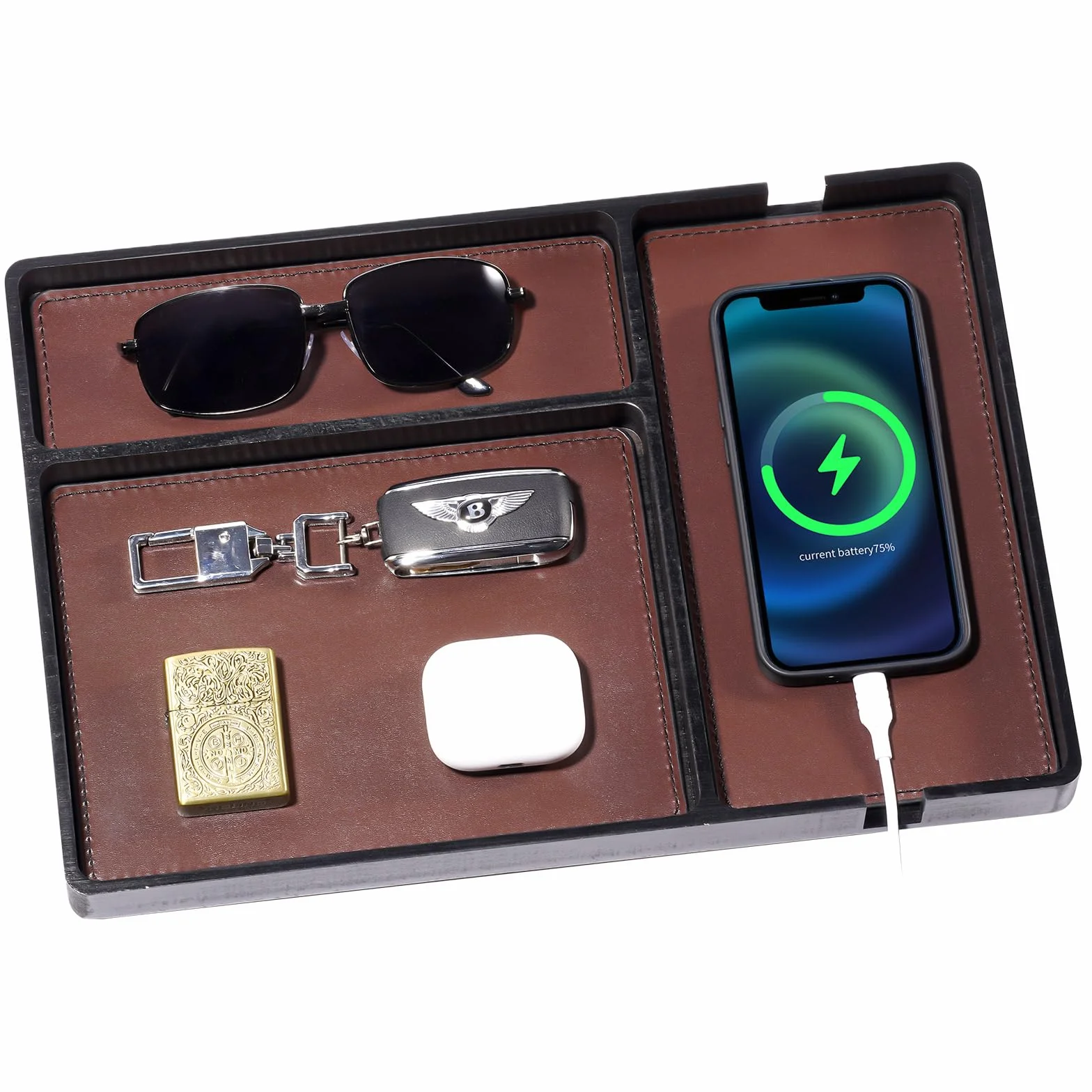 Procase Bandeja de Madera con cojín de Cuero removible para Hombres, Organizador EDC para mesita de Noche, recibidor, Dormitorio, Plato de Almacenamiento para Joyas, Llaves, Perfume, Reloj - Negro