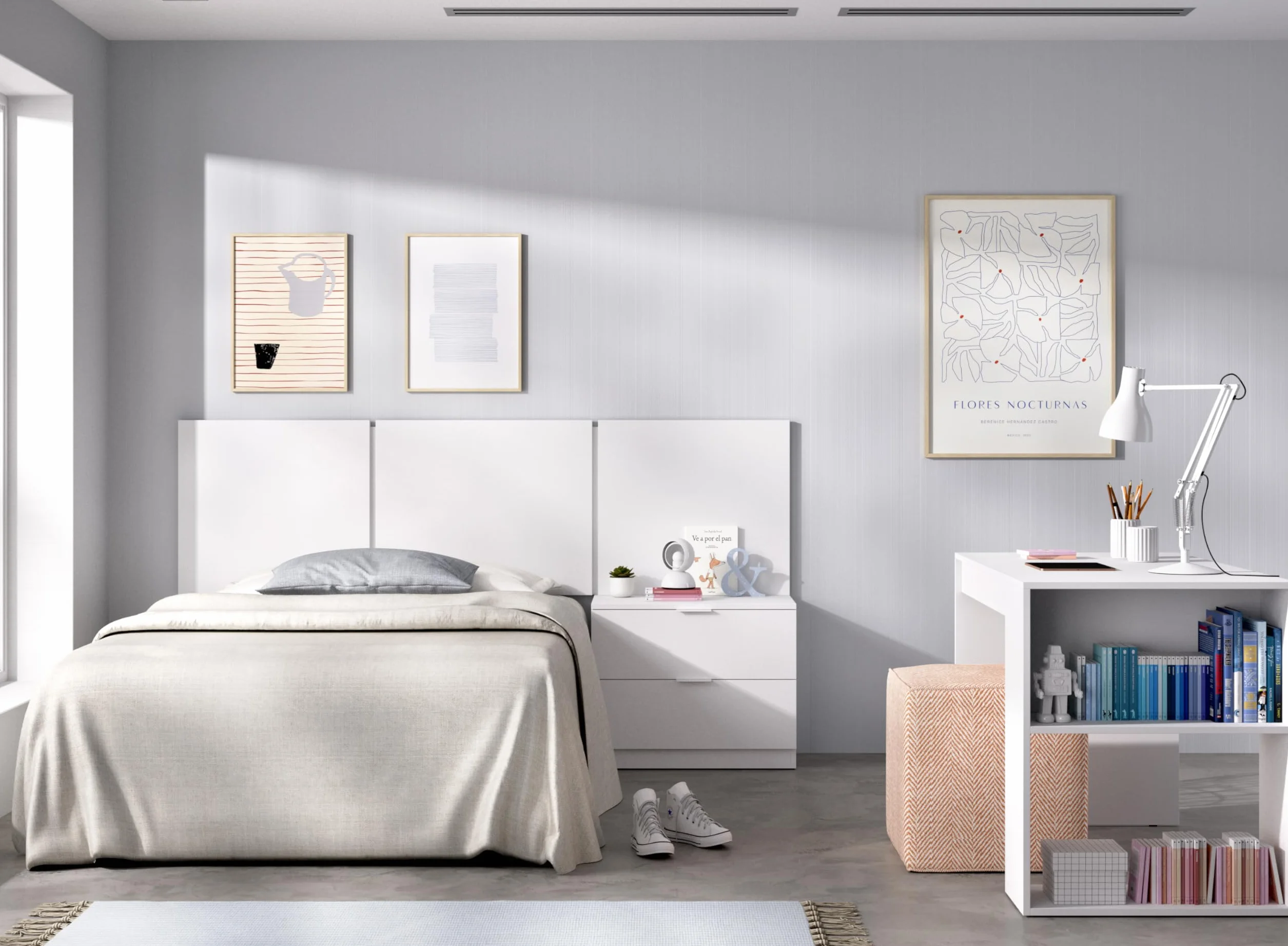 DEKIT GRUPO RIMOBEL BITO PACK - Conjunto de cabezal con mesita de dos cajones y mesa escritorio - BLANCO