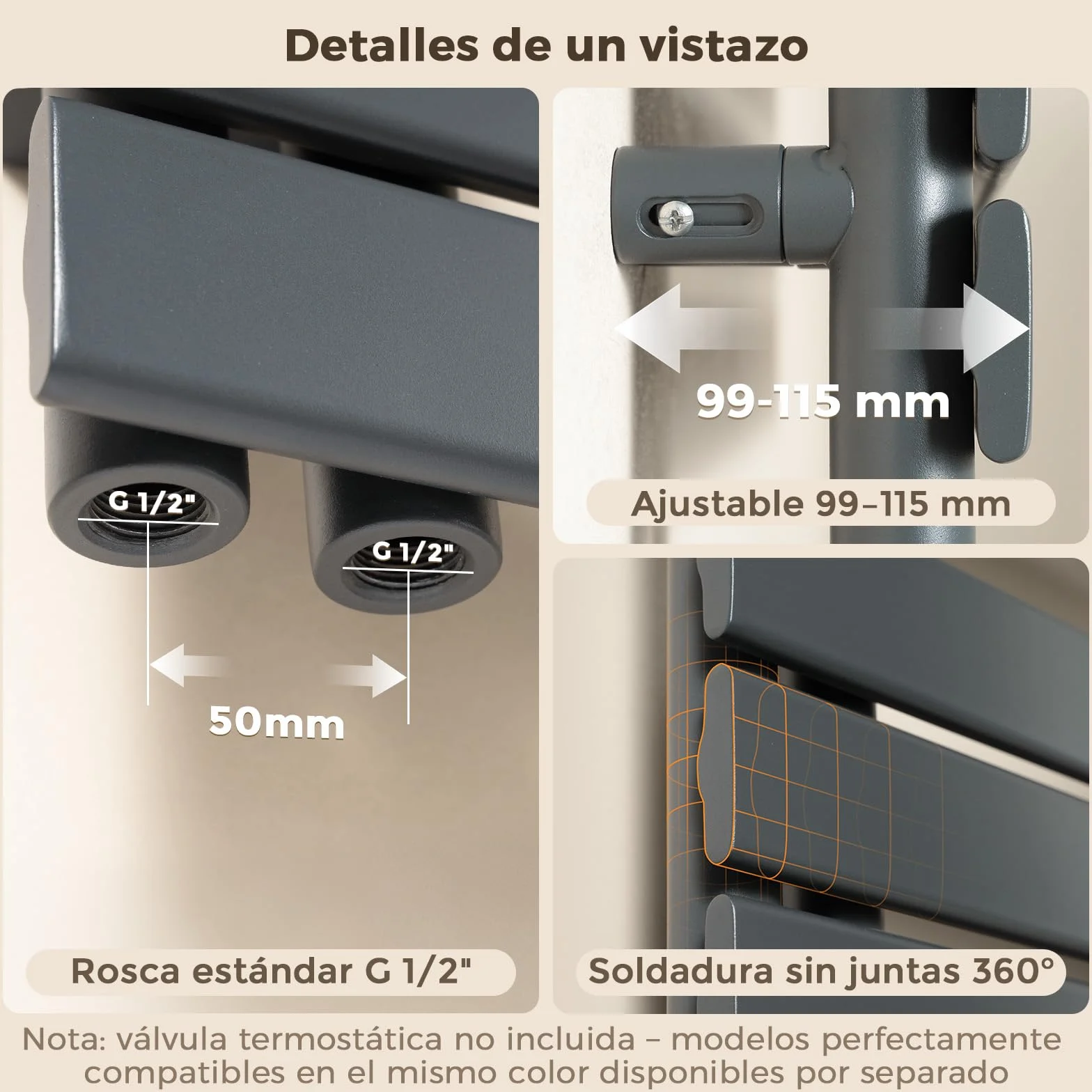 S'AFIELINA Radiador de diseño para baño, radiador toallero Agua calefaccion Antracita, Conexión Central,1041x500mm, radiador para baño, secador de Toallas, 555 vatios（Válvula no incluida）