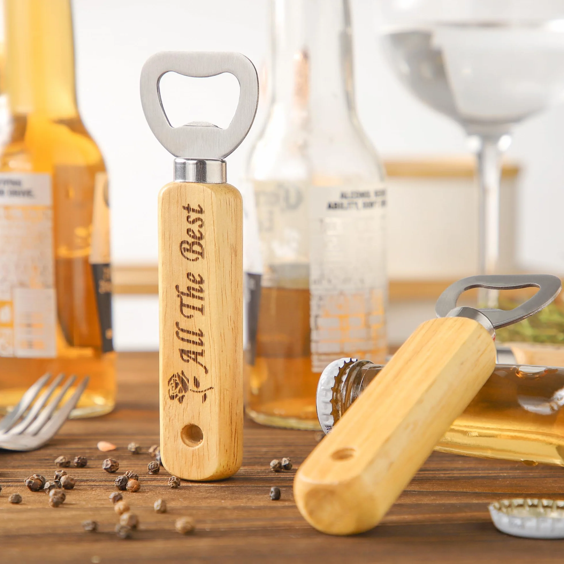 Abrebotellas de madera grabables, 6 abrebotellas de mano – Personalizados para el hogar, bar, fiestas y regalos KH1306