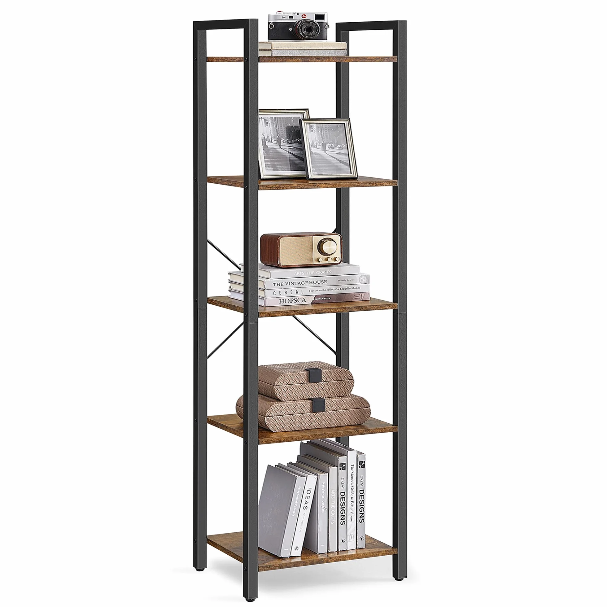 VASAGLE Librería de 5 Niveles, Biblioteca, Estantería para Oficina, Estudio, Sala de Estar, Dormitorio, 30 x 40 x 153 cm, Industrial, Marrón Rústico y Negro Tinta LLS100B01