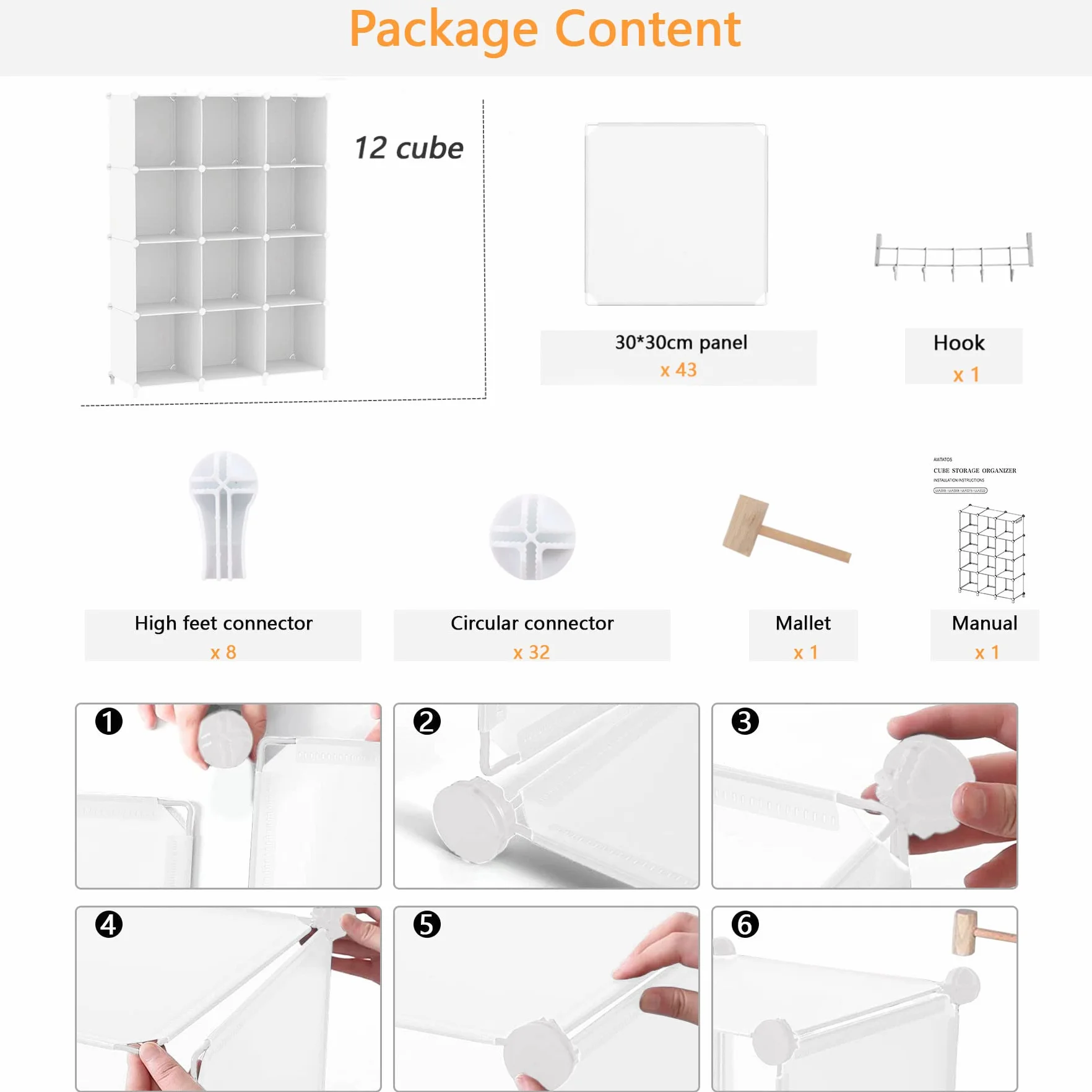 AWTATOS Organizador de almacenamiento modular de 12 cubos de plástico con estantería y mazo de madera