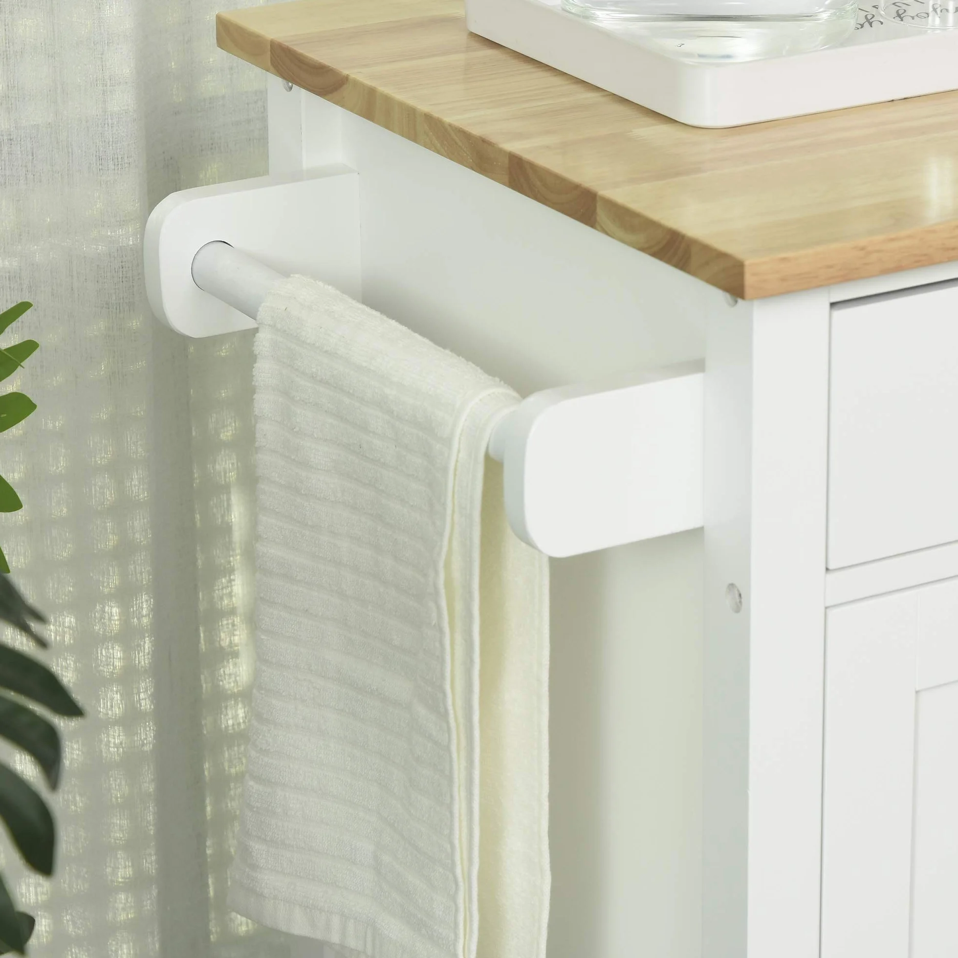 HOMCOM Isla de Cocina con Ruedas Mueble Auxiliar de Cocina con 1 Cajón 2 Puertas 3 Estantes Abiertos y Barra Lateral para Comedor 107,5x48x89 cm Blanco