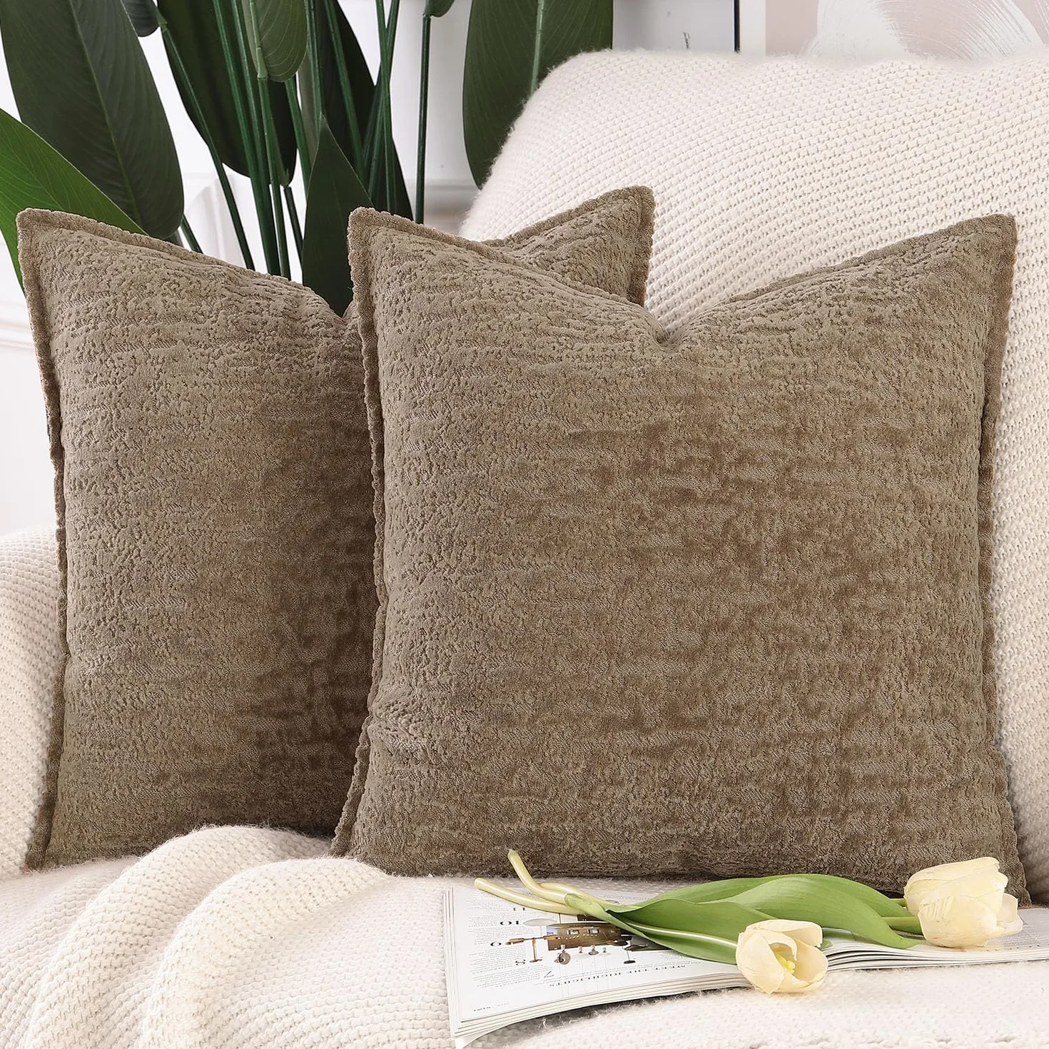 Madizz Juego de 2 Fundas de Cojín de Chenilla Suave con Borde Neutras Taupe 45x45 cm