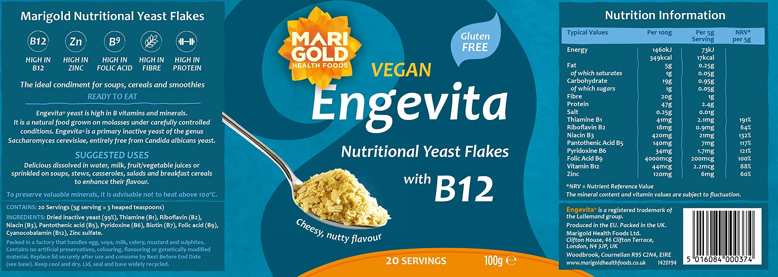 Engevita Copos de Levadura Nutricional Vegana con Vitamina B12, 100 g Paquete de 3
