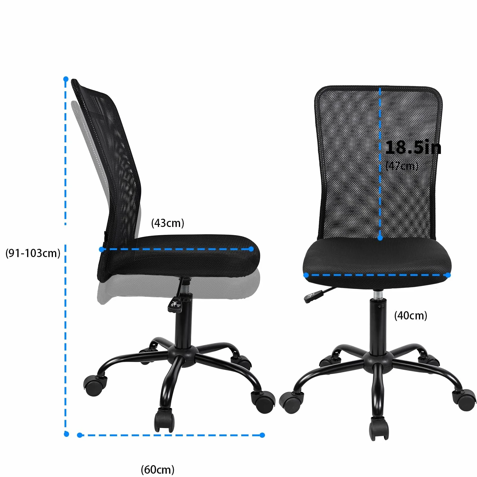 T-LoVendo Silla de Oficina Ergonómica Sin Reposabrazos Tela Transpirable con Ruedas Giratoria Negra