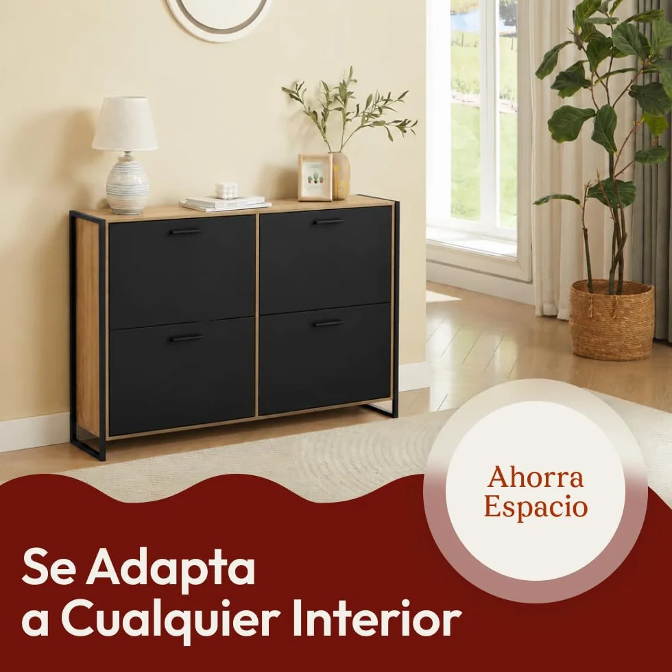 CASABEL Zapatero 4 Abatibles, Mueble Zapatero Entrada Negro & Madera, Diseño Moderno, Gran Capacidad 24 Pares, Mueble de Almacenaje para Pasillo, Entrada, Salón, L114xF24xH83 cm