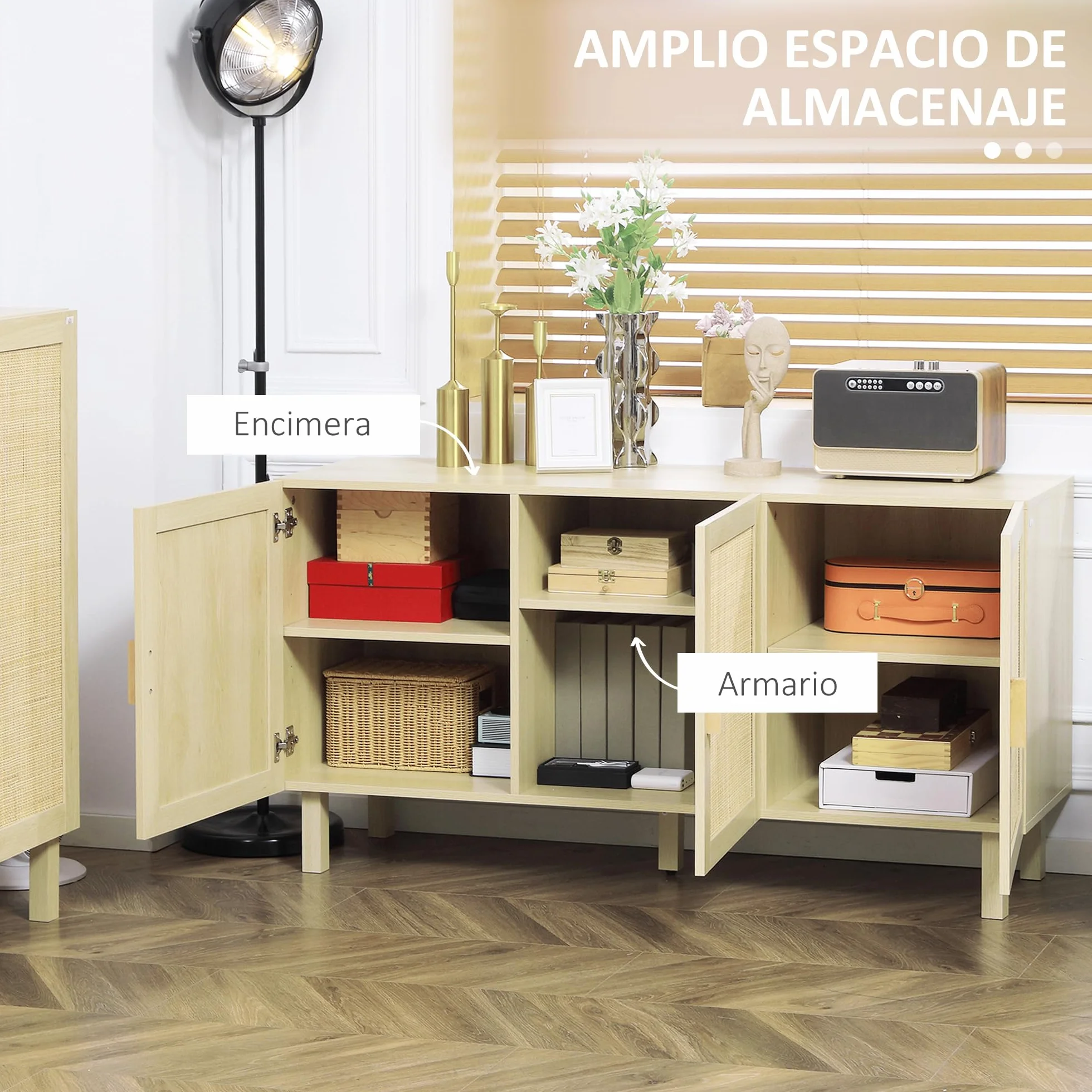 HOMCOM Aparador 3 Puertas de Rejilla de Ratán Aparador para Salón Nórdico con Estantes Ajustables para Comedor Entrada Dormitorio Natural 136x41x70 cm