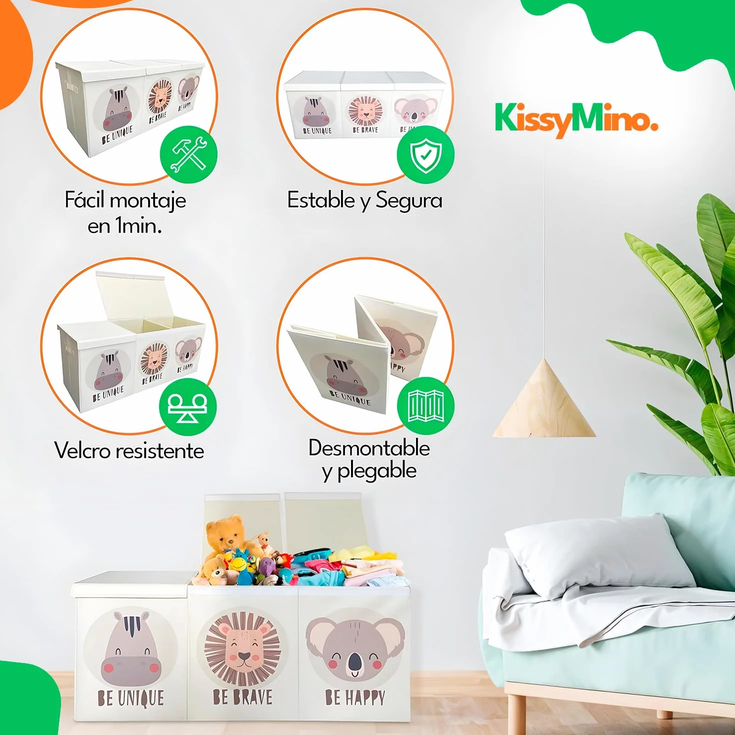 Baúl almacenaje juguetes infantil XL con tapa plegable, Organizador juguetero beige