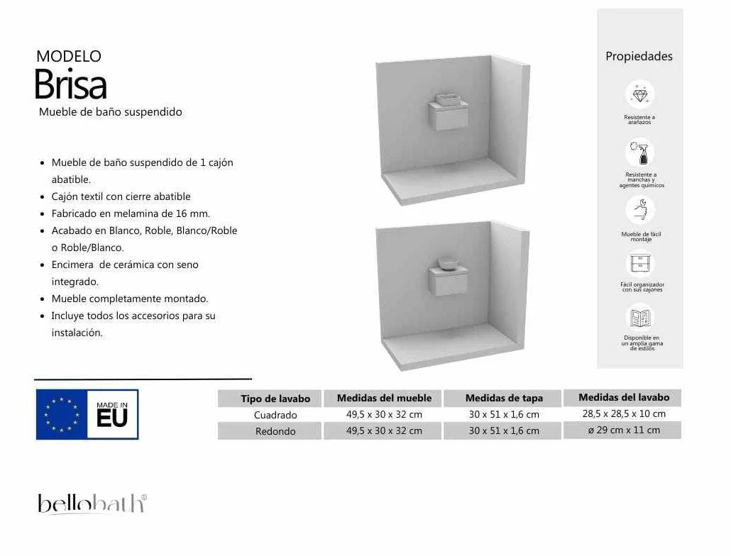 BELLOBATH - Mueble Baño Suspendido con Lavabo de Cerámica Redondo, Mueble Baño con Lavabo Montado con 1 Cajón, 49,5 x 32 x 30 cm, Mueble Blanco/Roble