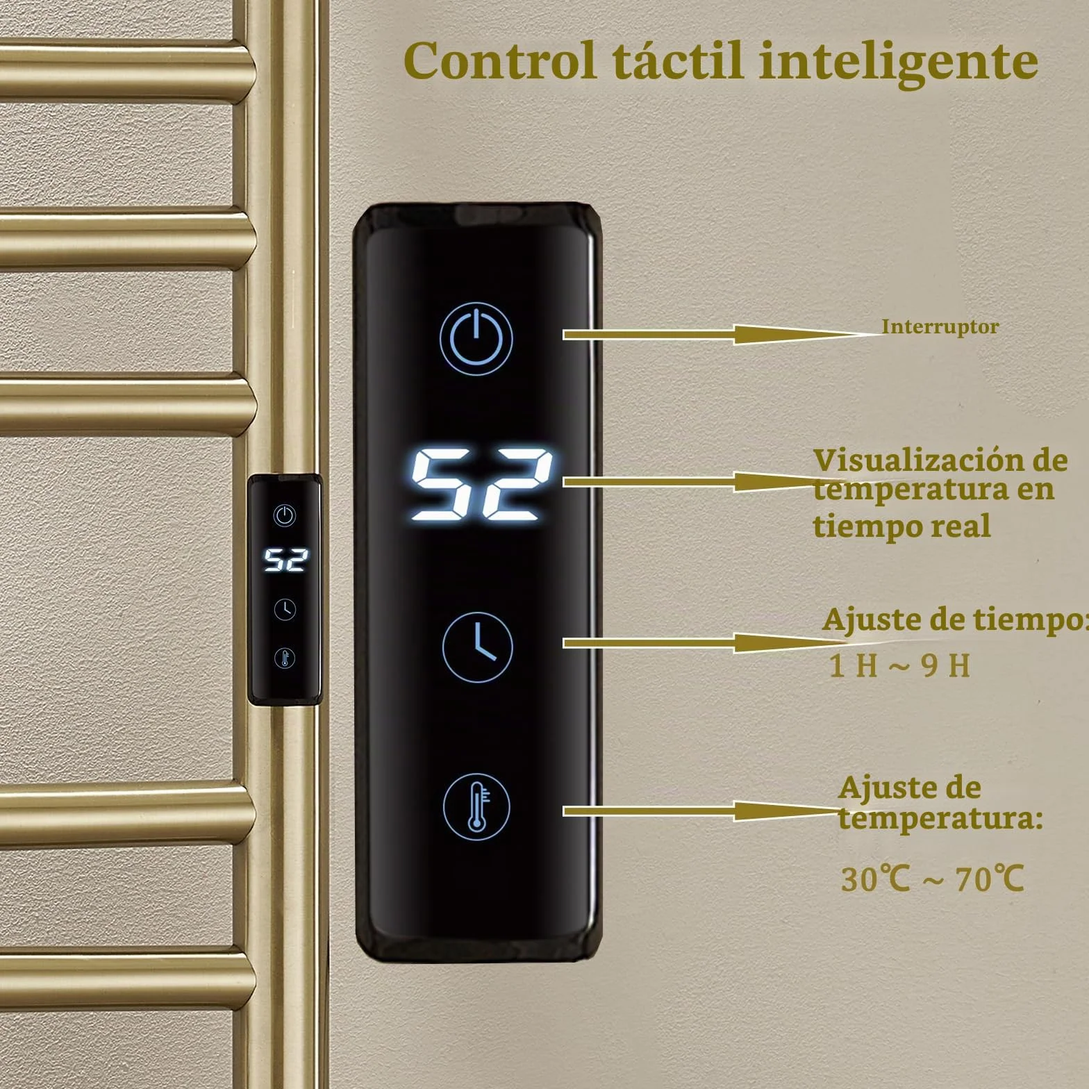 ESOP RadiadorToallero Eléctrico Baño Oro Cepillado 185 W Calienta Toallas 1100 x 600 mm 15 Varilla Curva WiFi Inteligente Temperatura Constante