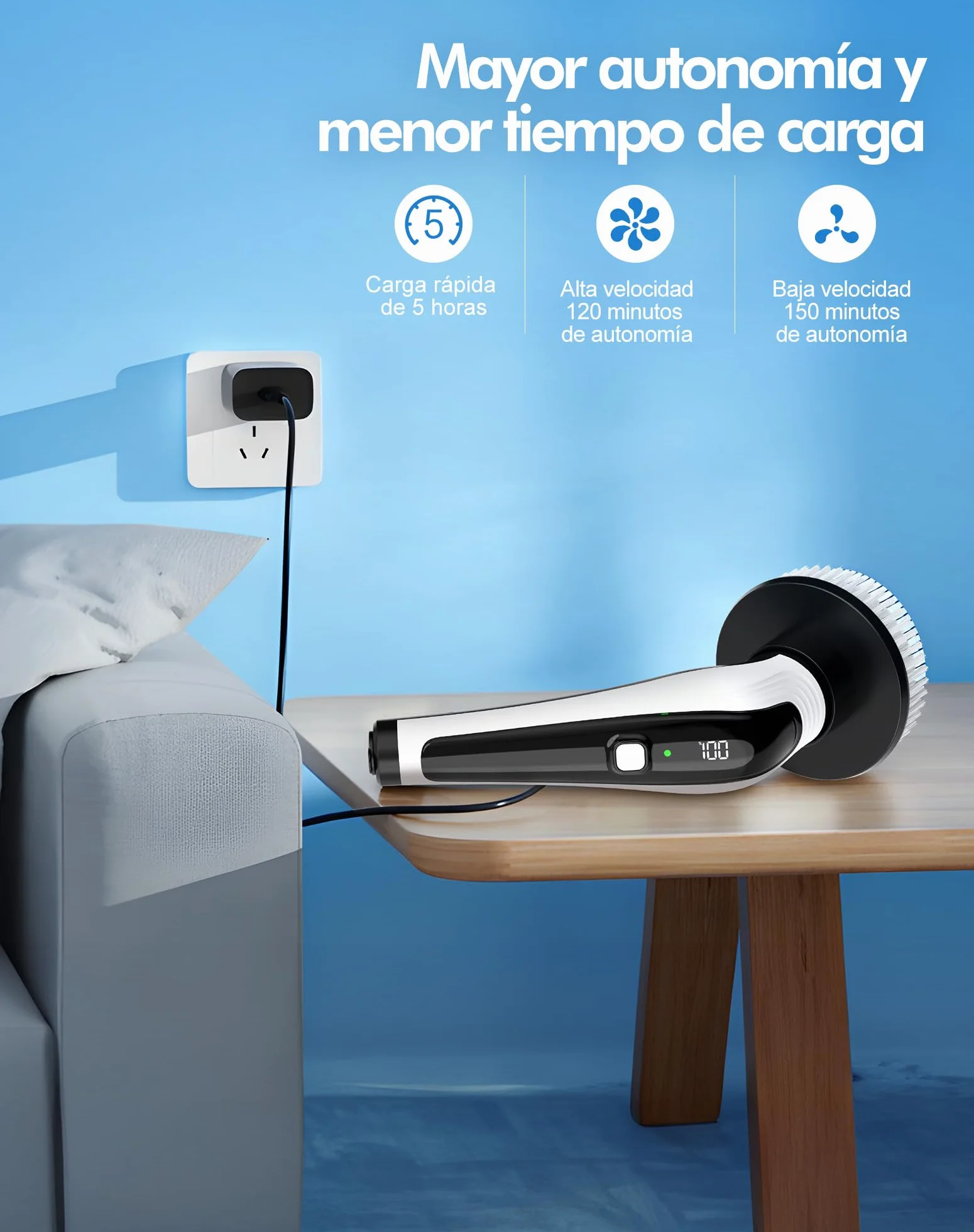 Cepillo Eléctrico Limpieza Hogar IPX8 Impermeable 3000mAh 2 Velocidades Mango Telescópico Ajustable