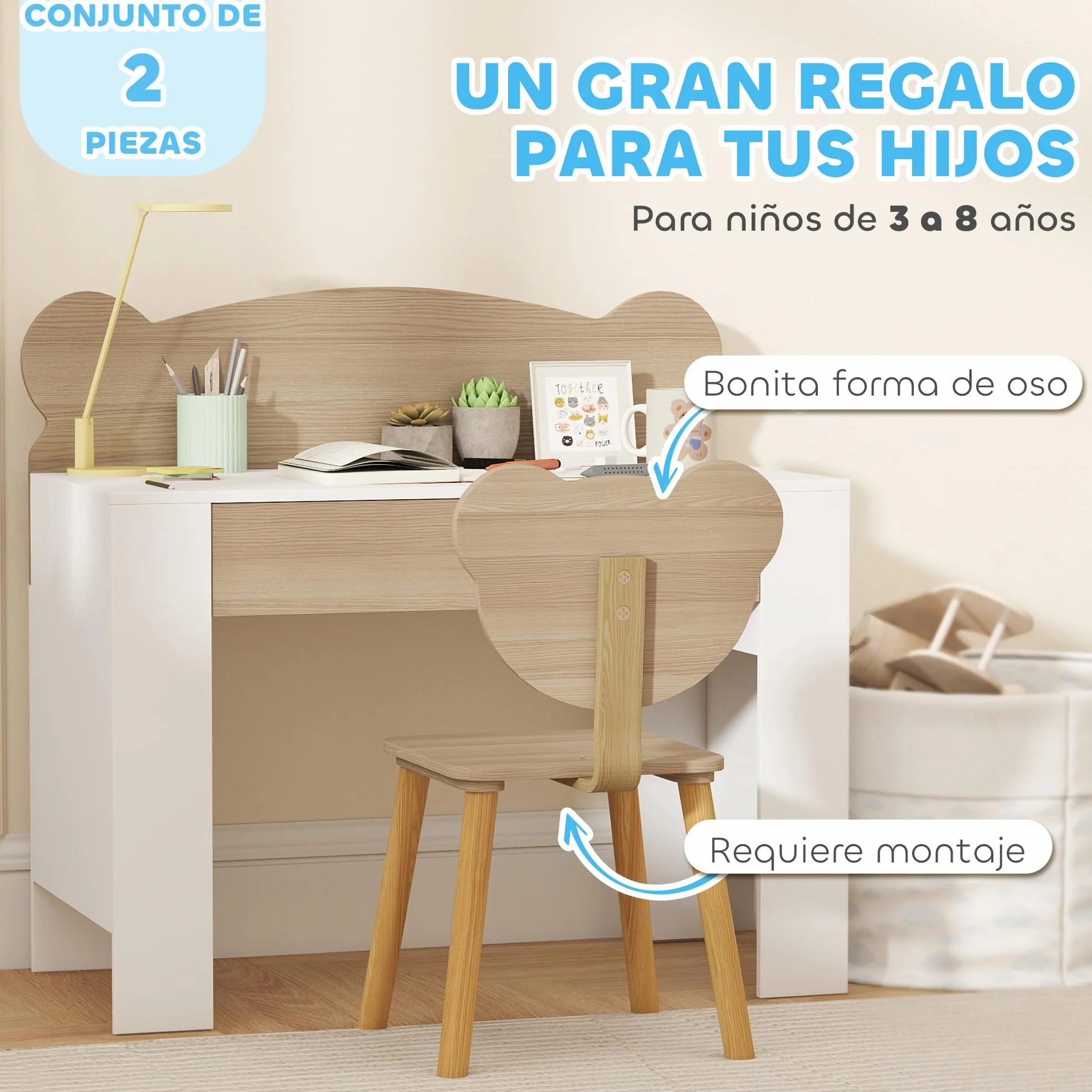 AIYAPLAY Escritorio Infantil con Silla Osito Mesa Niños Cajón Estudiar Dibujar Leer Pupitre Estudio Dormitorio Sala Natural