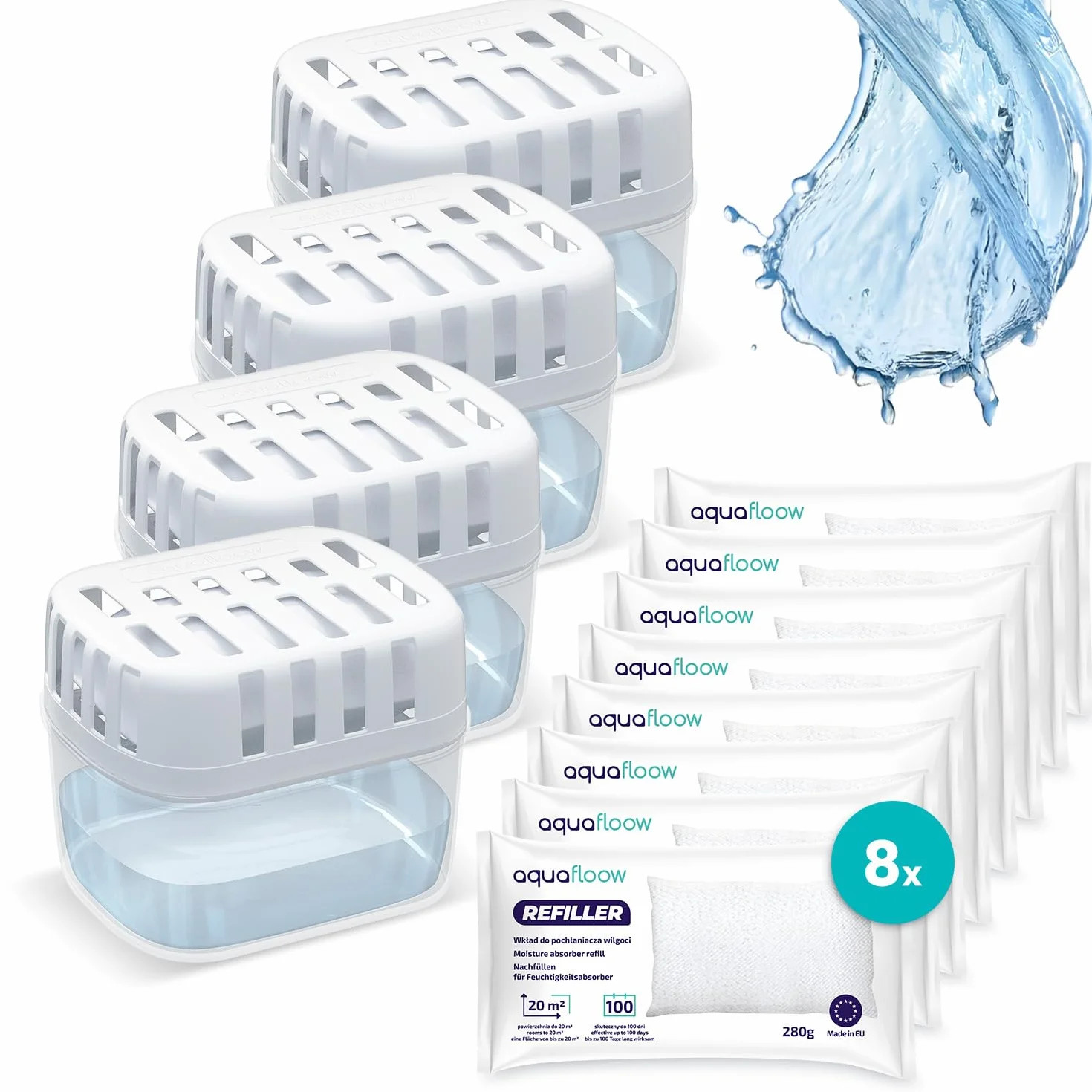 Aquafloow 4x Deshumidificadores + 8x Gránulos en Bolsa de Recarga de 280g, Bolsas de Recarga para Deshumidificadores, Paquetes de Recarga | Previene el moho y los olores desagradables.