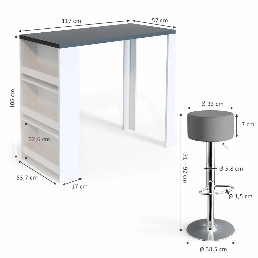 Vicco Set de Mesa de Bar, Blanco/Gris, 57 x 117 cm con 2 taburetes de Bar, Apto como Zona de Comedor Adicional en la Cocina o en el salón