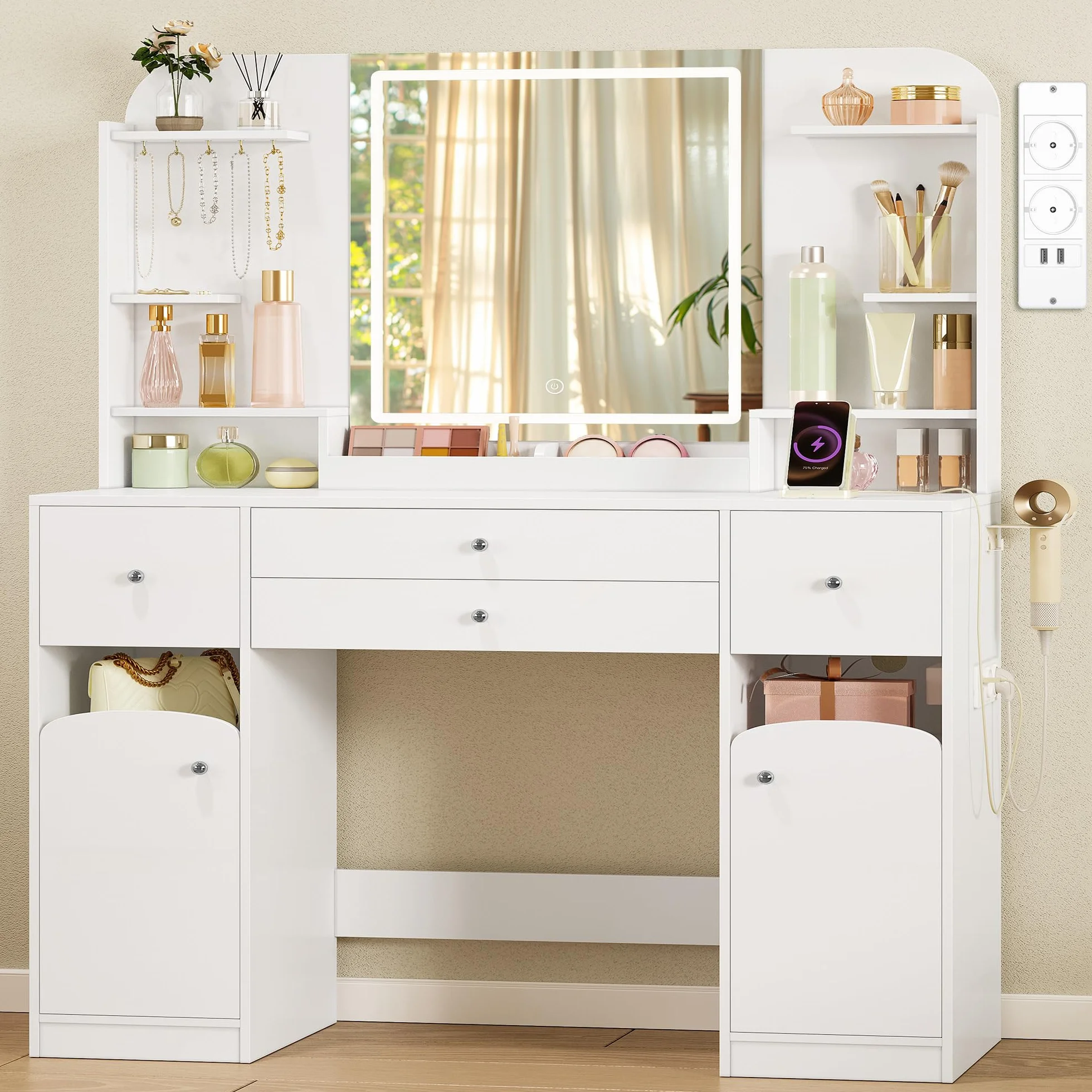 Hzuaneri Tocador con LED, Tocador de Maquillaje con Enchufe y Soporte para Secador de Pelo,108 cm Tablero, con 2 Cajones Grandes con Espacio para Guardar Joyas, 2 Armarios, 40 x 108 x 145 cm Blanco