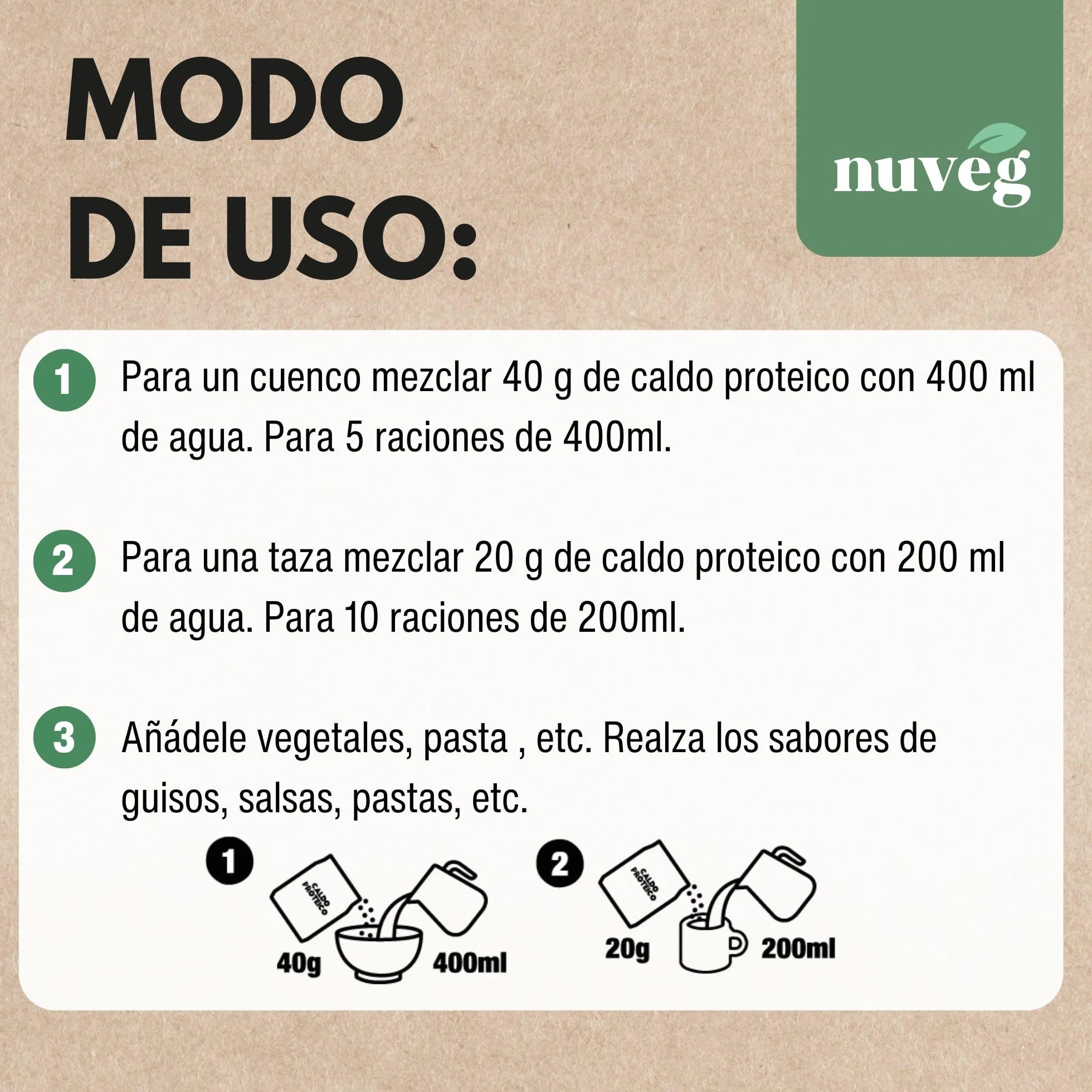 NUVEG Caldo Proteico en Polvo 41% Proteína 13% Fibra Sin Gluten Sin Lactosa Vegano Pack 2 400g