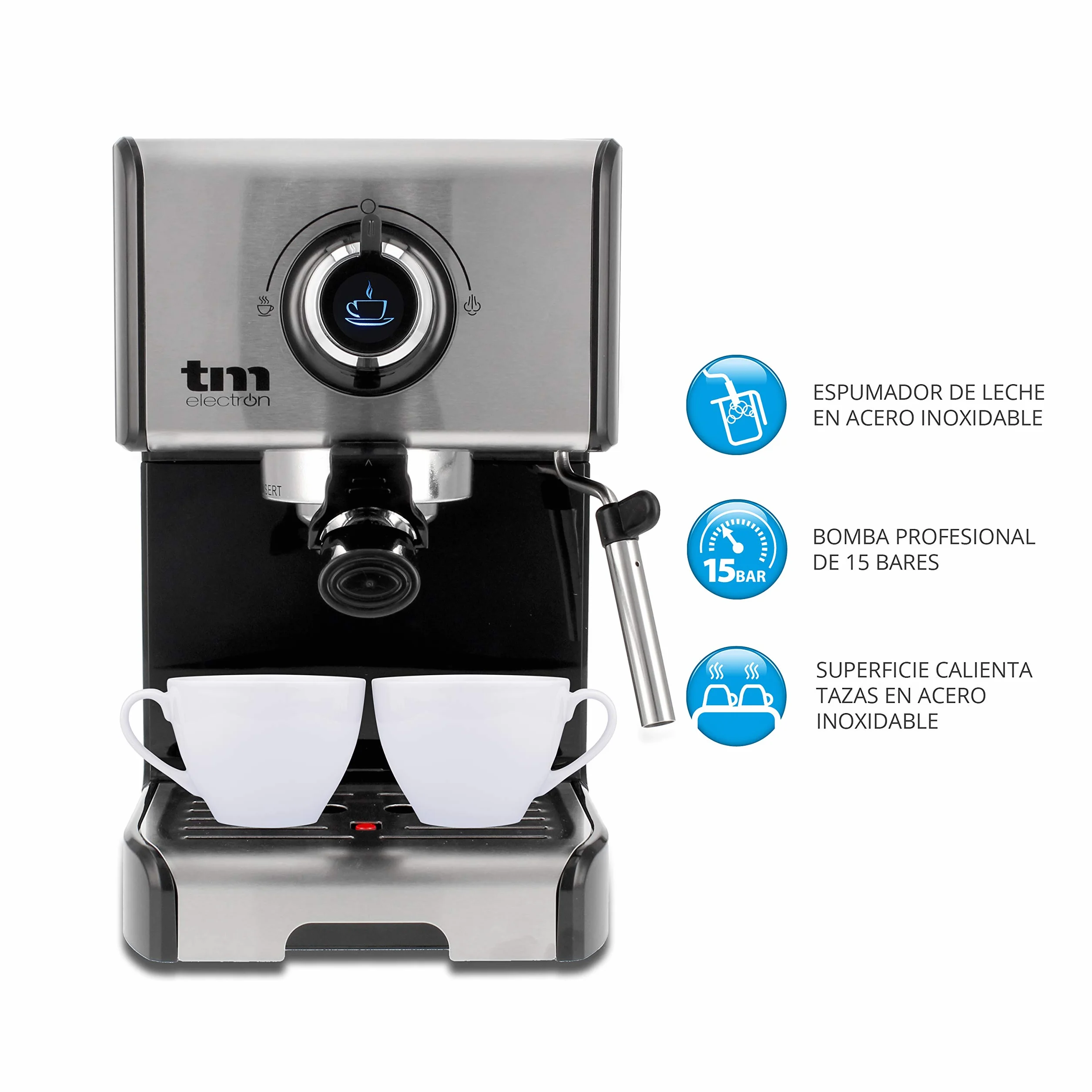 TM Electron TMPCF101 cafetera Espresso Manual con 15 Bares de presión, 1200W, depósito 1,2 L, espumador de Leche, 3 Funciones, Fabricado en Acero Inoxidable