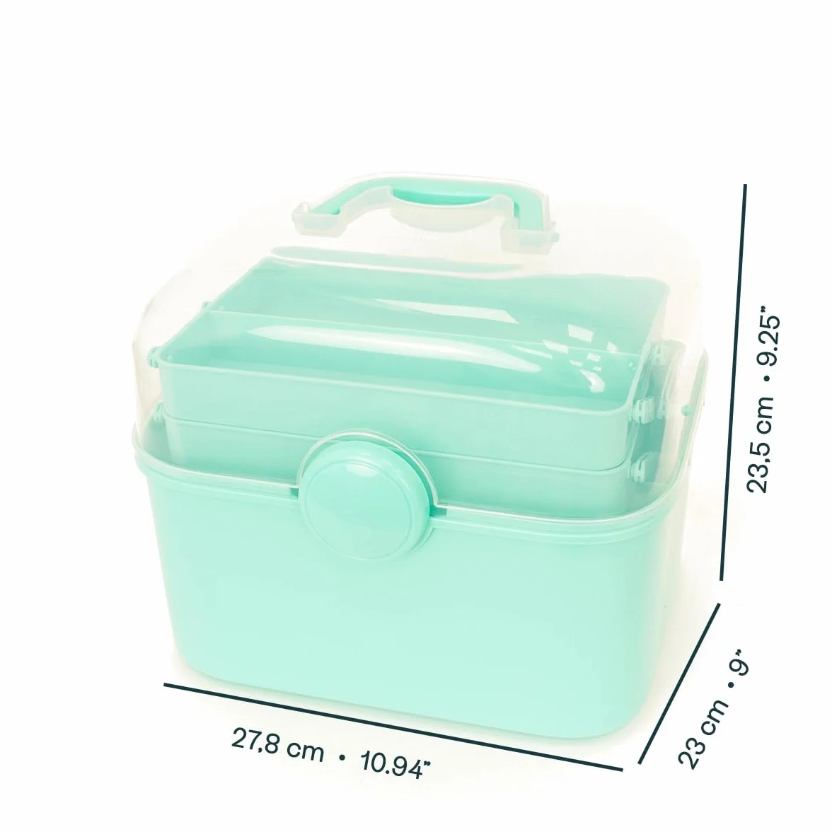 Craftelier - Caja de Almacenamiento Multiusos de Plástico Resistente | Organizador 3 Niveles con Bandejas Extraíbles para Herramientas, Manualidades, Botiquín y Accesorios | 27x23x23,5 cm | Verde