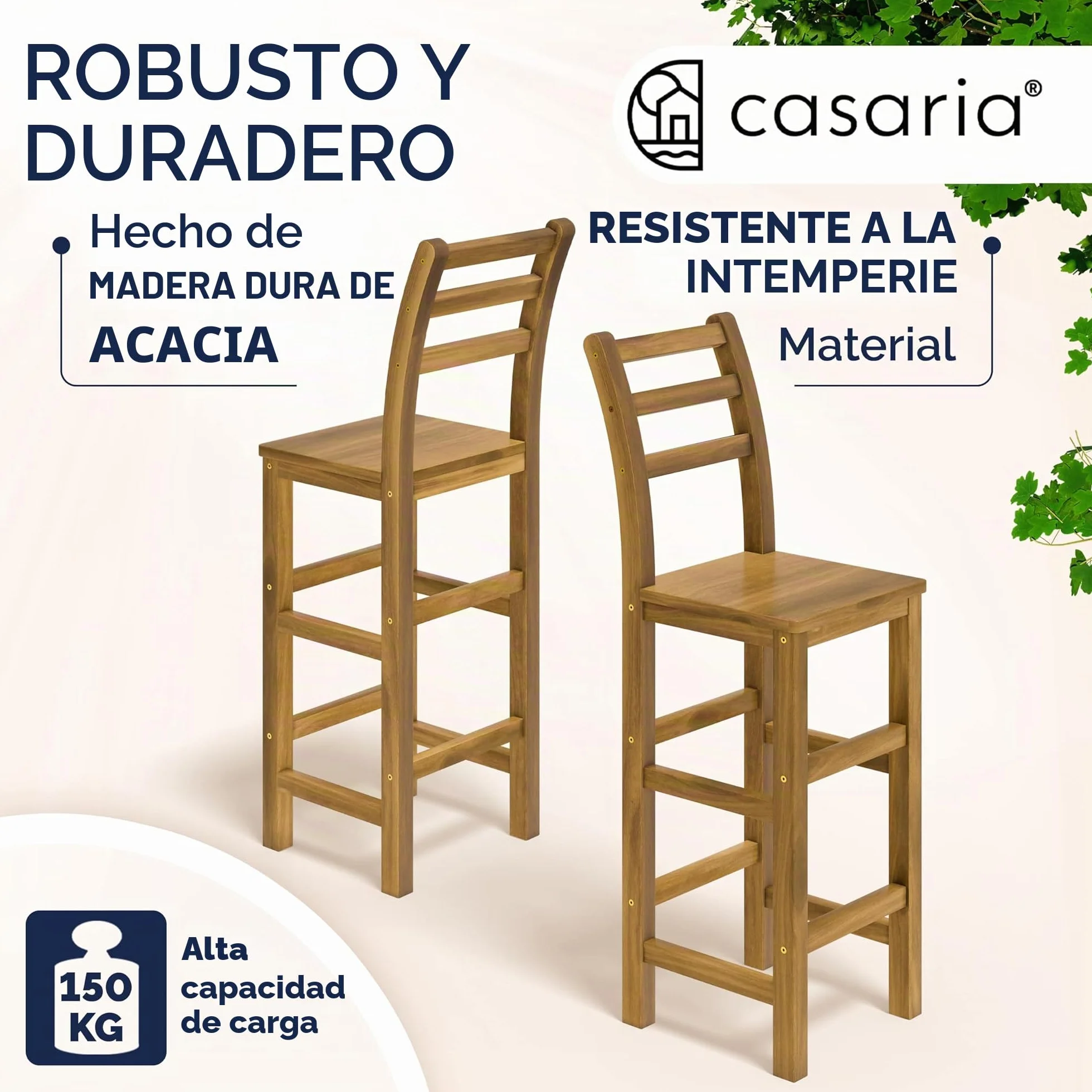 CASARIA® 2X Taburetes de Bar Altos con Respaldo Altura de Asiento 75cm Madera de Acacia Sillas de Cocina