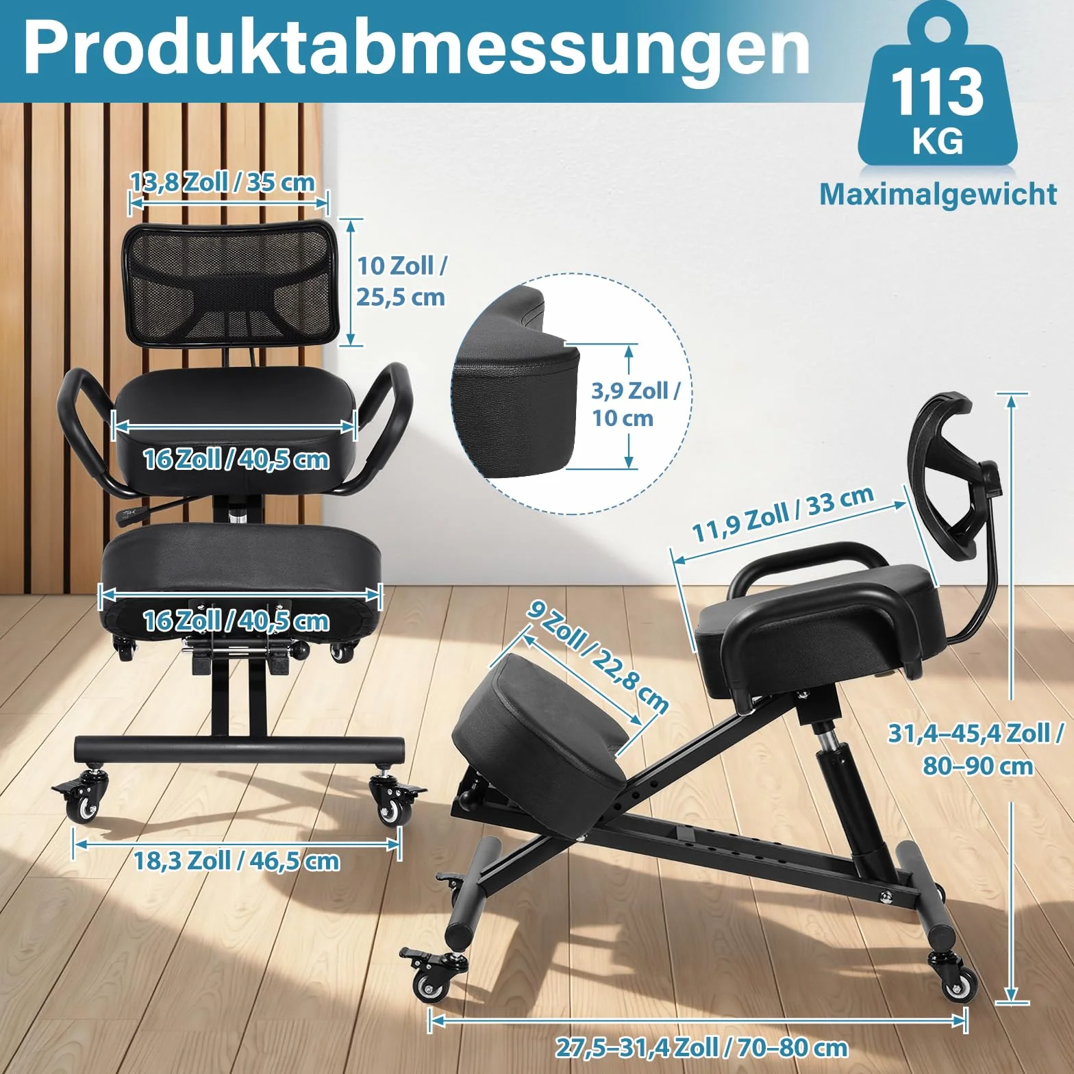 Silla de rodilla, silla ergonómica para la rodilla, sillas de oficina arrodilladas con altura ajustable y soporte lumbar para bancos y salas de conferencias, oficinas, áreas de recepción en el hogar