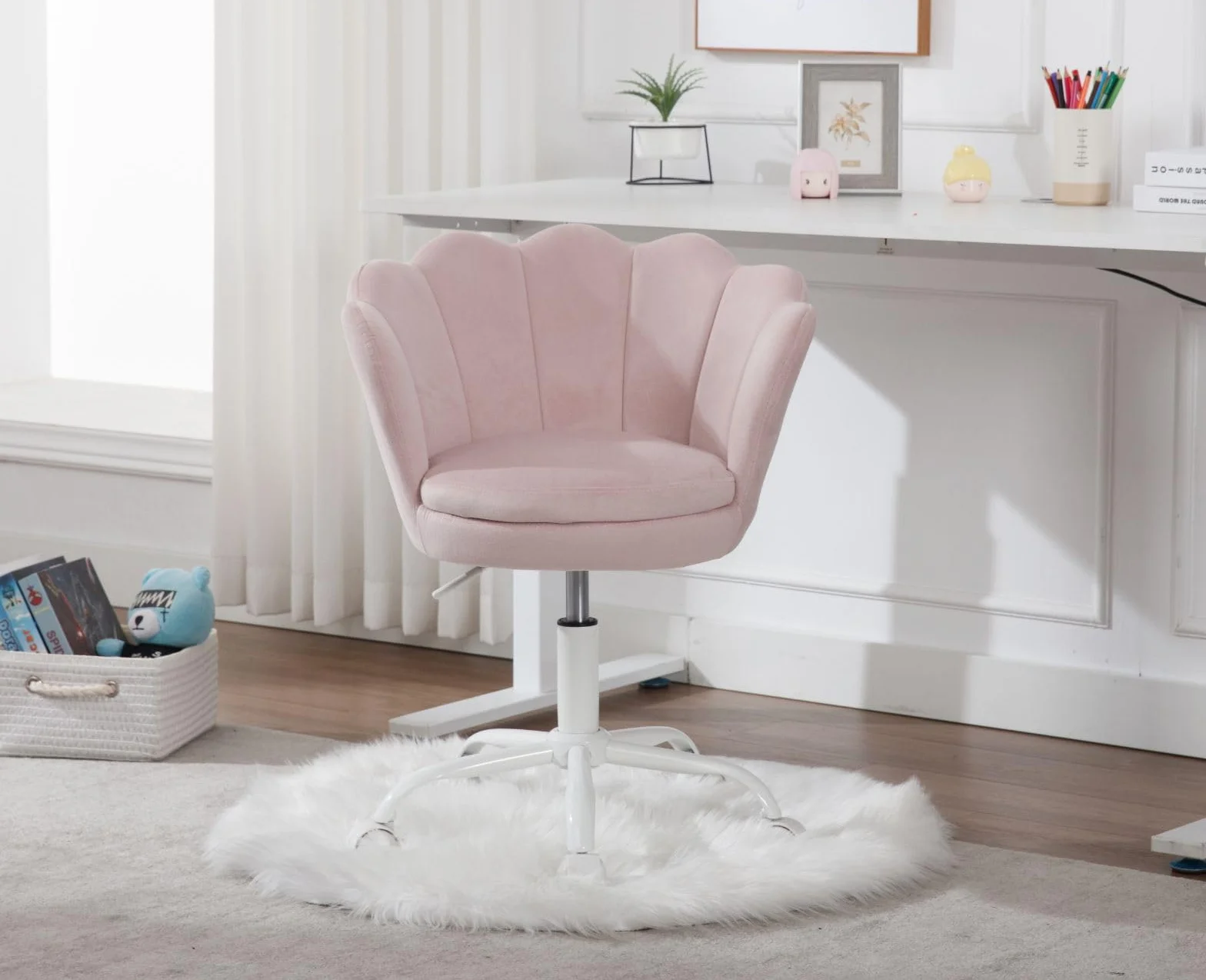 Ya-Home Silla Infantil de Escritorio Silla Giratoria Terciopelo de Estudio,Silla de Oficina Ajustable en Altura para Niños/Juvenil,Rosa Claro