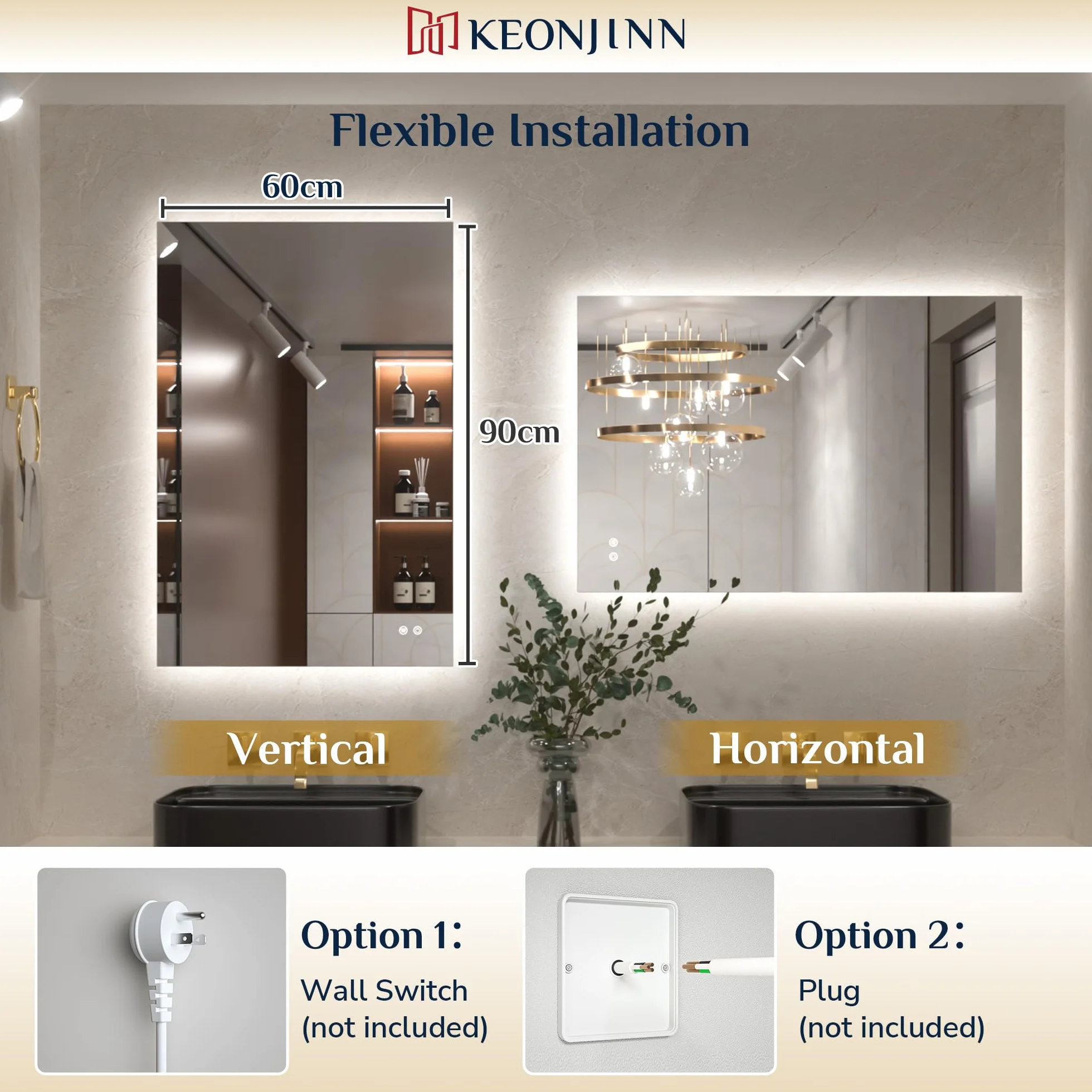 Keonjinn Espejo de baño con luces LED, 60 x 90 cm, espejo de baño rectangular iluminado con luz retroiluminada, espejos de tocador antivaho montados en la pared, 3 colores regulables, función de