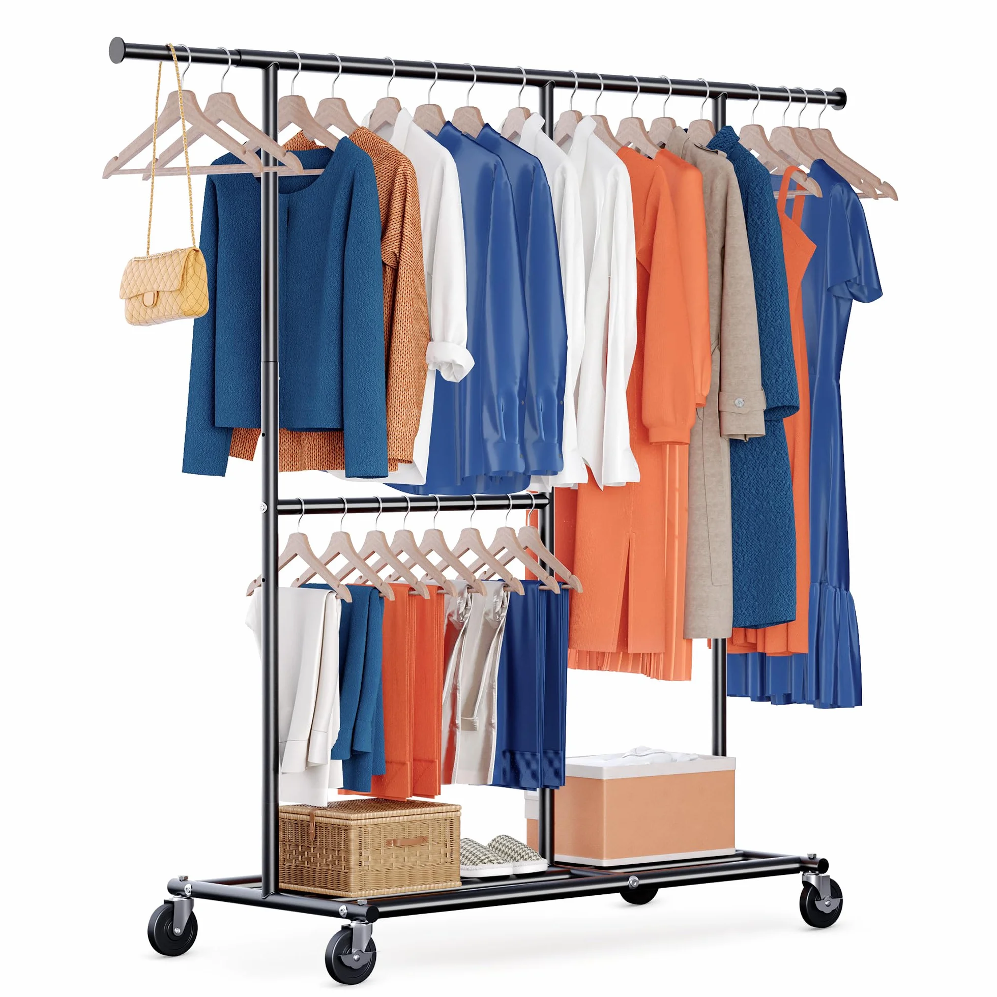 HOKEEPER Burro de Ropa Resistente de Doble Barra con Ruedas, 209kg, Altura Ajustable y Barra Extensible, Armario Móvil para Dormitorio, Boutique