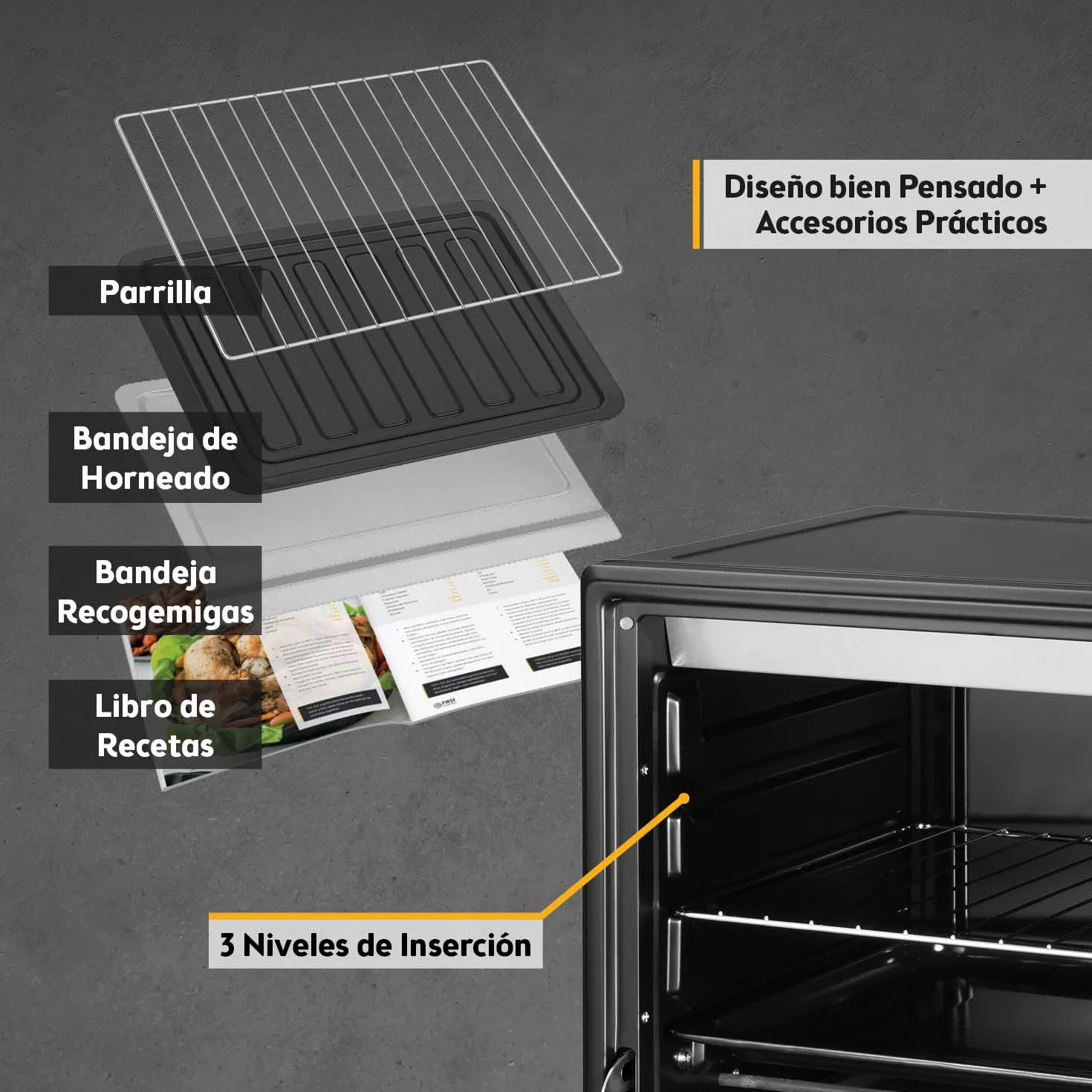 TZS First Austria - Mini Horno 35L 1600W - Minihorno pizza con regulación de temperatura 230°C y revestimiento antiadherente - Con temporizador de 60 min, 3 alturas de inserción, bandeja y parrilla