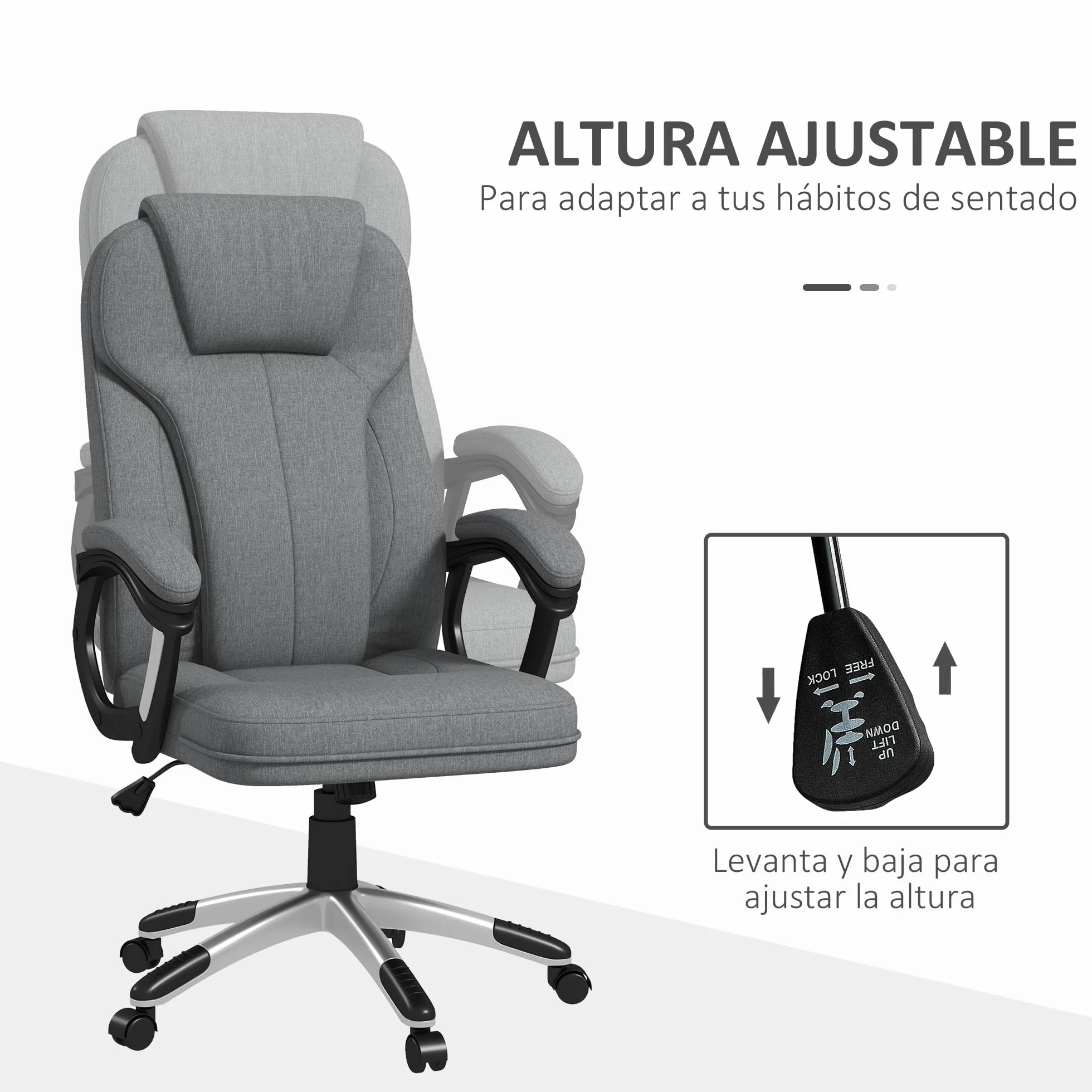 Vinsetto Silla de Oficina Ergonómica Giratoria Tapizada en Tela con Respaldo Alto y Reposabrazos Ajustable 66x75x110-120 cm Gris