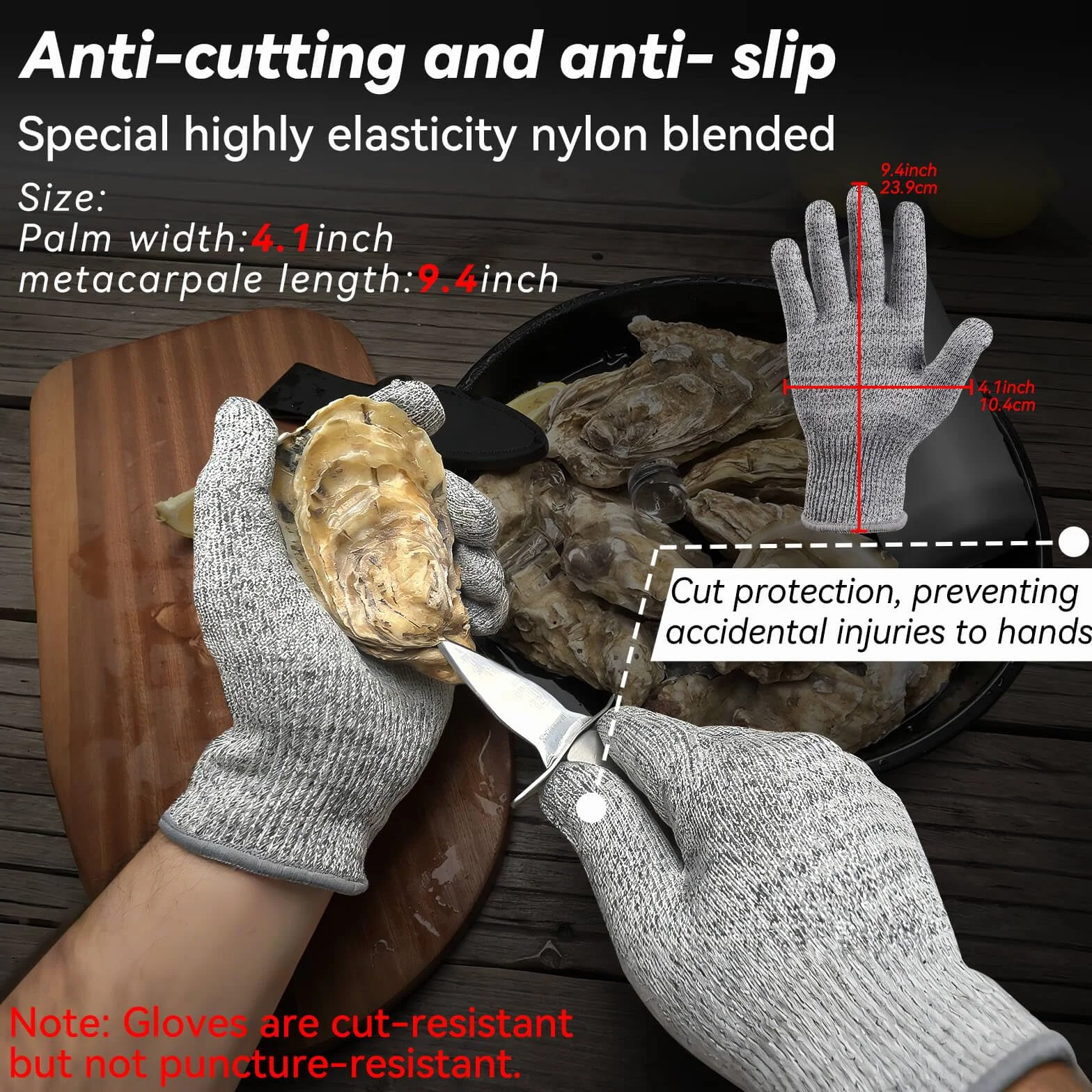 Cuchillo para desmenuzar ostras, 2 juegos de cuchillos resistentes para ostras con mango de madera cómodo, kit de desmontaje de ostras con 1 par de guantes de protección de nivel 5 resistentes a los