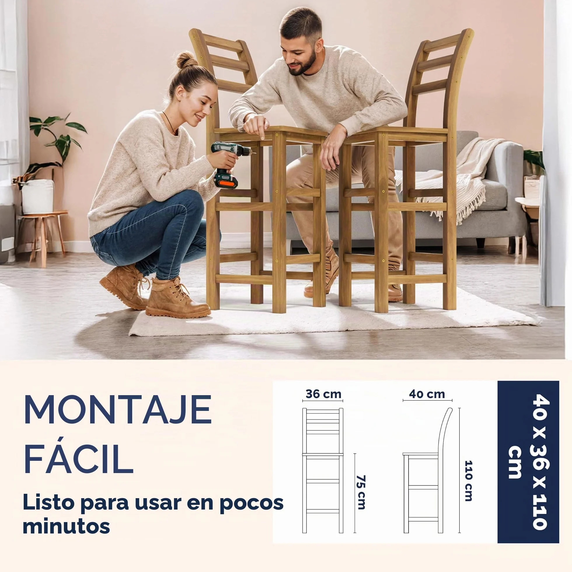 CASARIA® 2X Taburetes de Bar Altos con Respaldo Altura de Asiento 75cm Madera de Acacia Sillas de Cocina