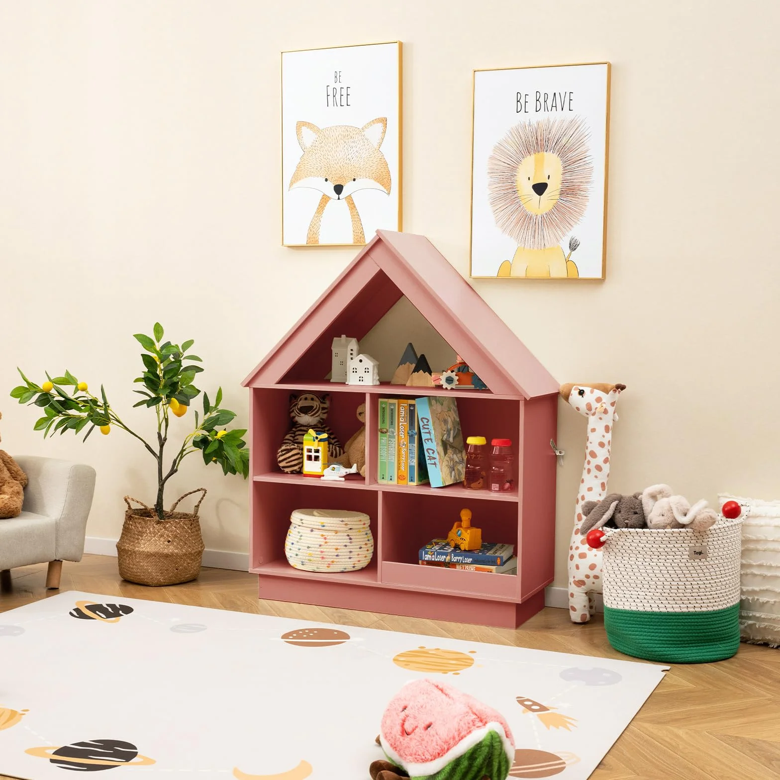 COSTWAY Estantería Infantil para Muñecas, Librería Infantil en Forma de Casa, Armario de Almacenaje de Juguetes de Madera con 5 Cubículos, Estante Abierto de 3 Niveles para Niños (Rosa)