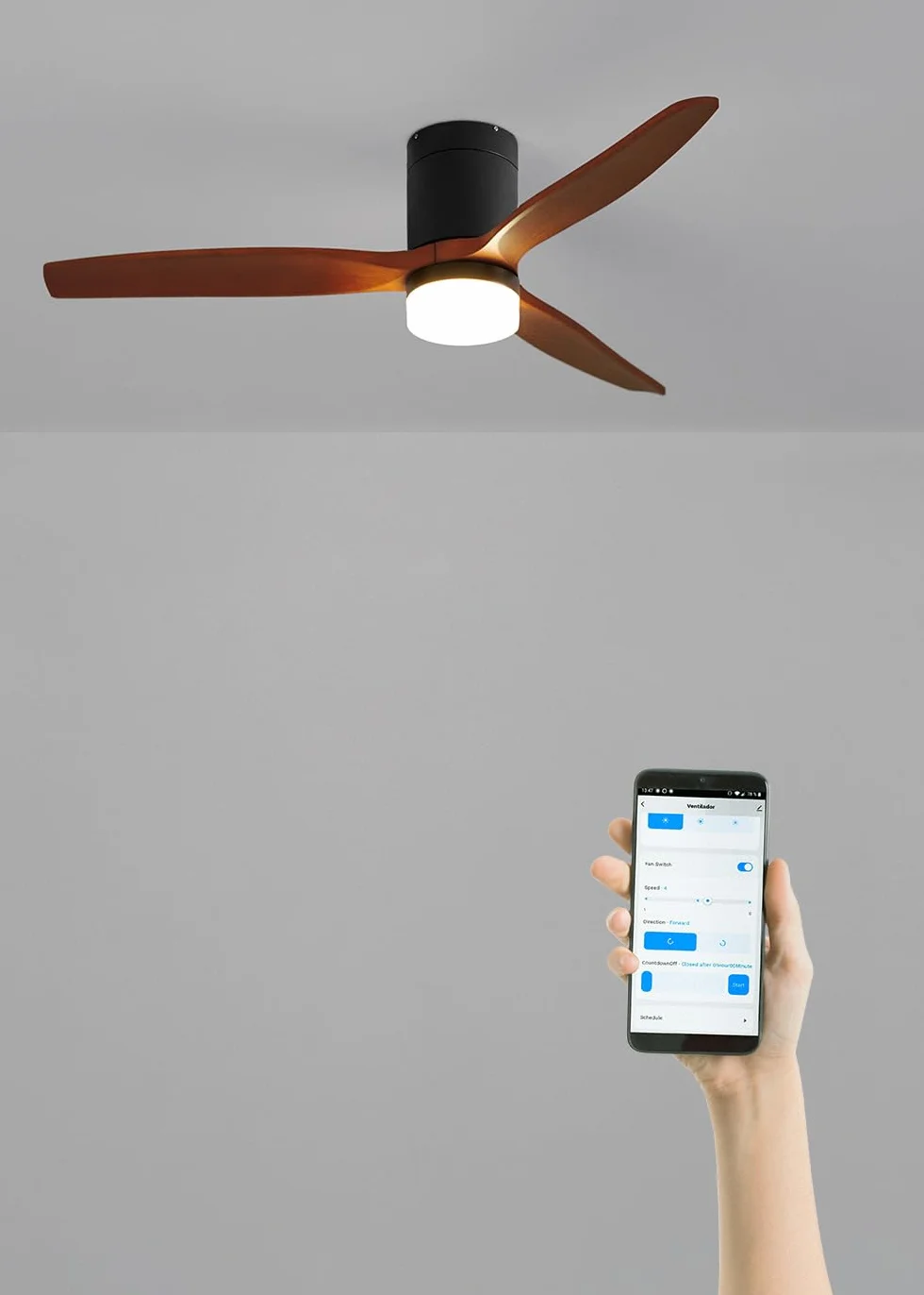 CREATE / WINDCALM/Ventilador de techo ABS con luz negro aspas efecto madera oscura con Wifi y mando / 40W, Silencioso, Ø132 cm, 3 temperaturas de luz, temporizador, función verano-invierno