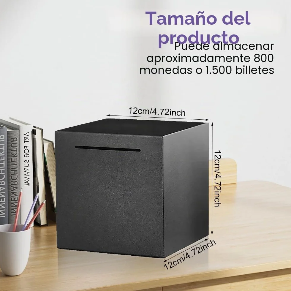Hucha 12 x 12 cm, hecha de acero inoxidable, debe romperse para abrir, caja fuerte de acero inoxidable para adultos y niños (negro)