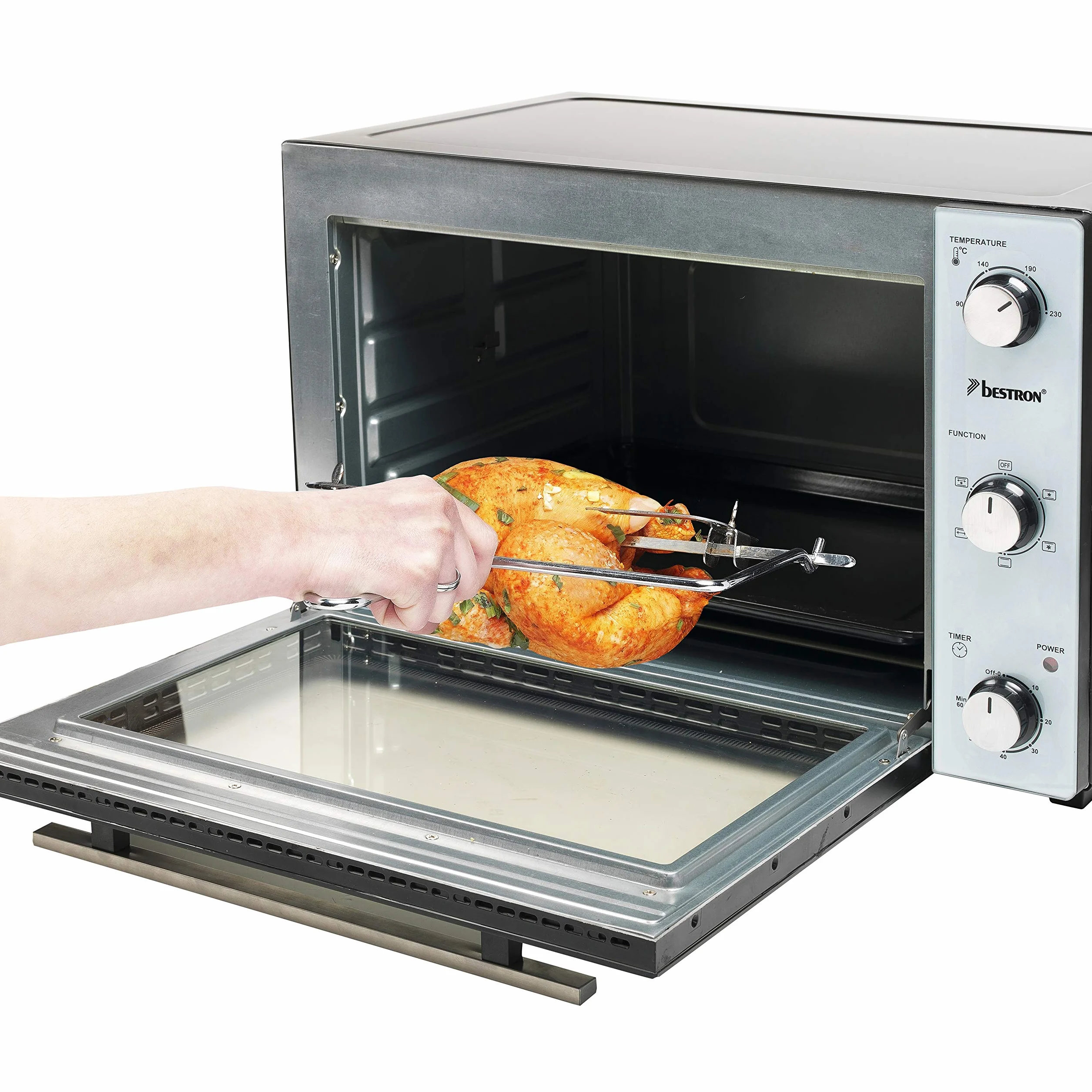 Bestron Mini Horno 2 en 1 con Pincho Giratorio, 45 Litros, 1800 W, Acero inoxidable, Negro