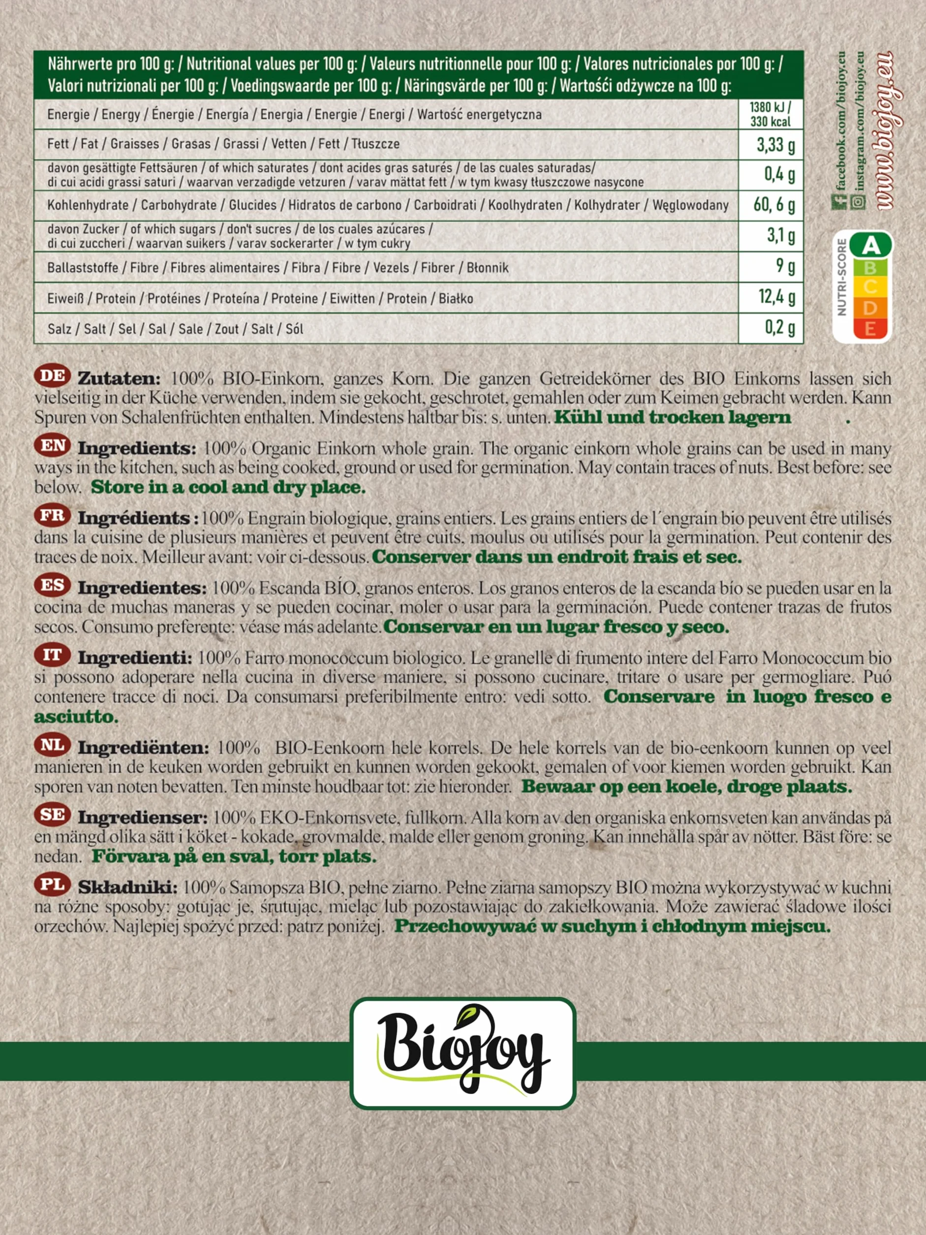 Biojoy Escanda Granos BÍO 2 kg crudos enteros Triticum monococcum