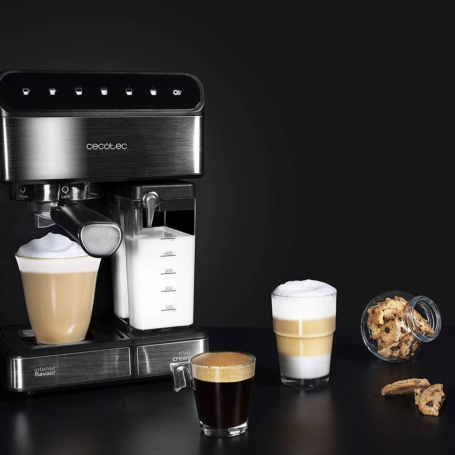 Cecotec Cafetera Semiautomatica Power Instant-ccino 20 Touch Serie Nera. 1350 W, 20 Bares de Presión, Tanque de Leche de 500ml, Control Táctil, Depósito de 1,4 Litros, Acabados Acero Inox