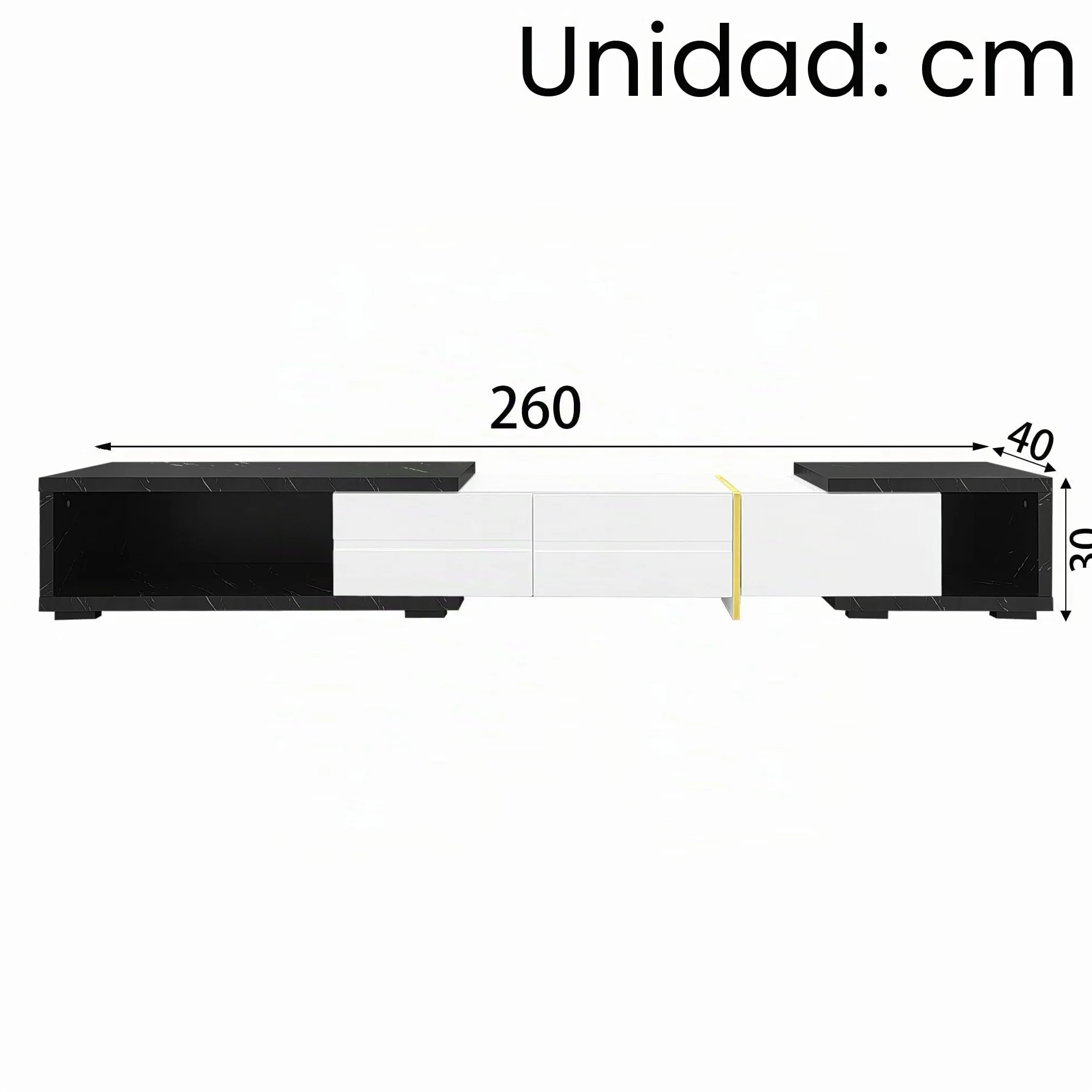 Moimhear Mueble de TV con longitud variable (140-260 cm), función giratoria, efecto mármol negro, acabado mate blanco y adornos dorados (blanco)