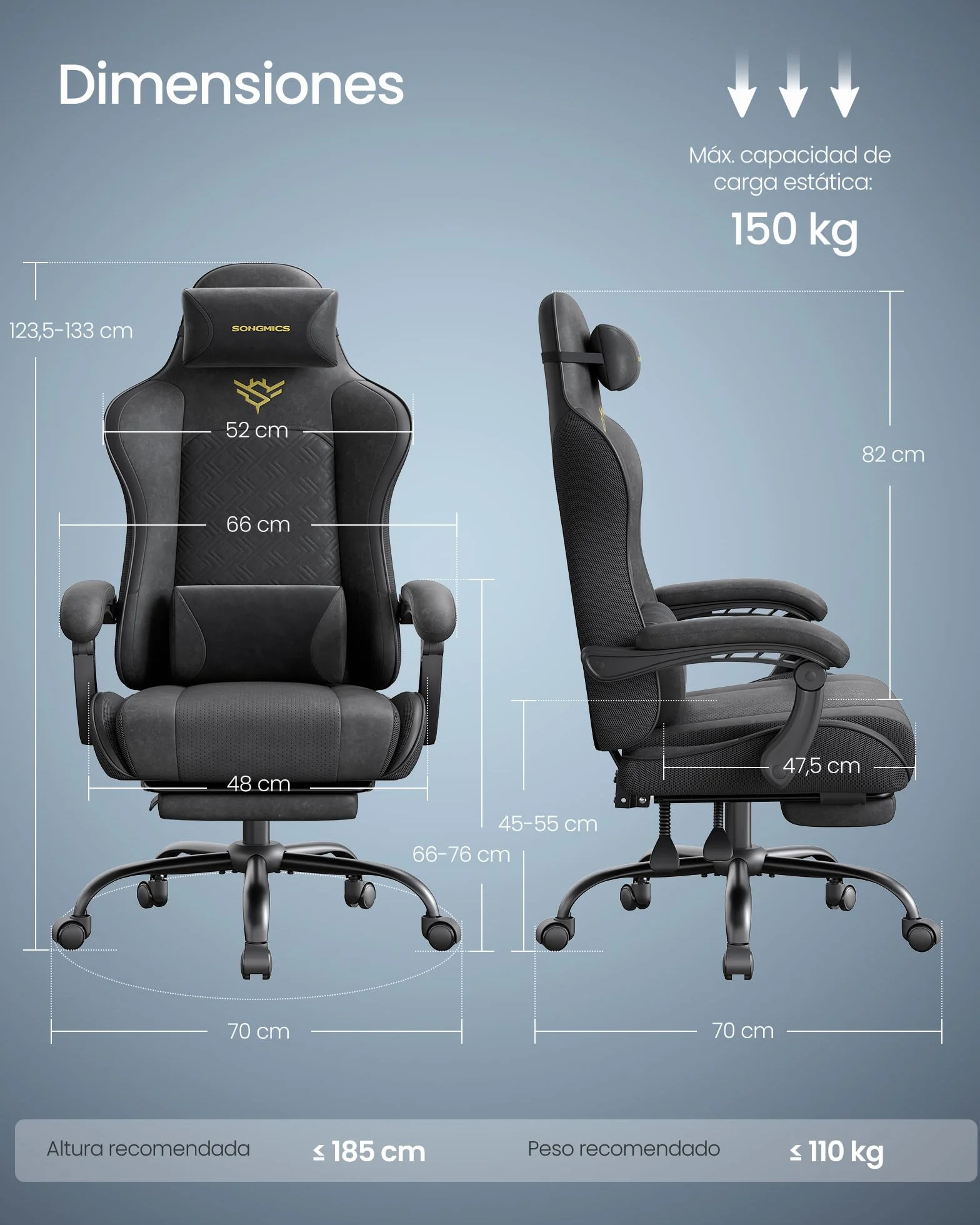 SONGMICS Silla Gaming Ergonómica de Escritorio con Resortes Reposapiés Reposabrazos Negro Tinta