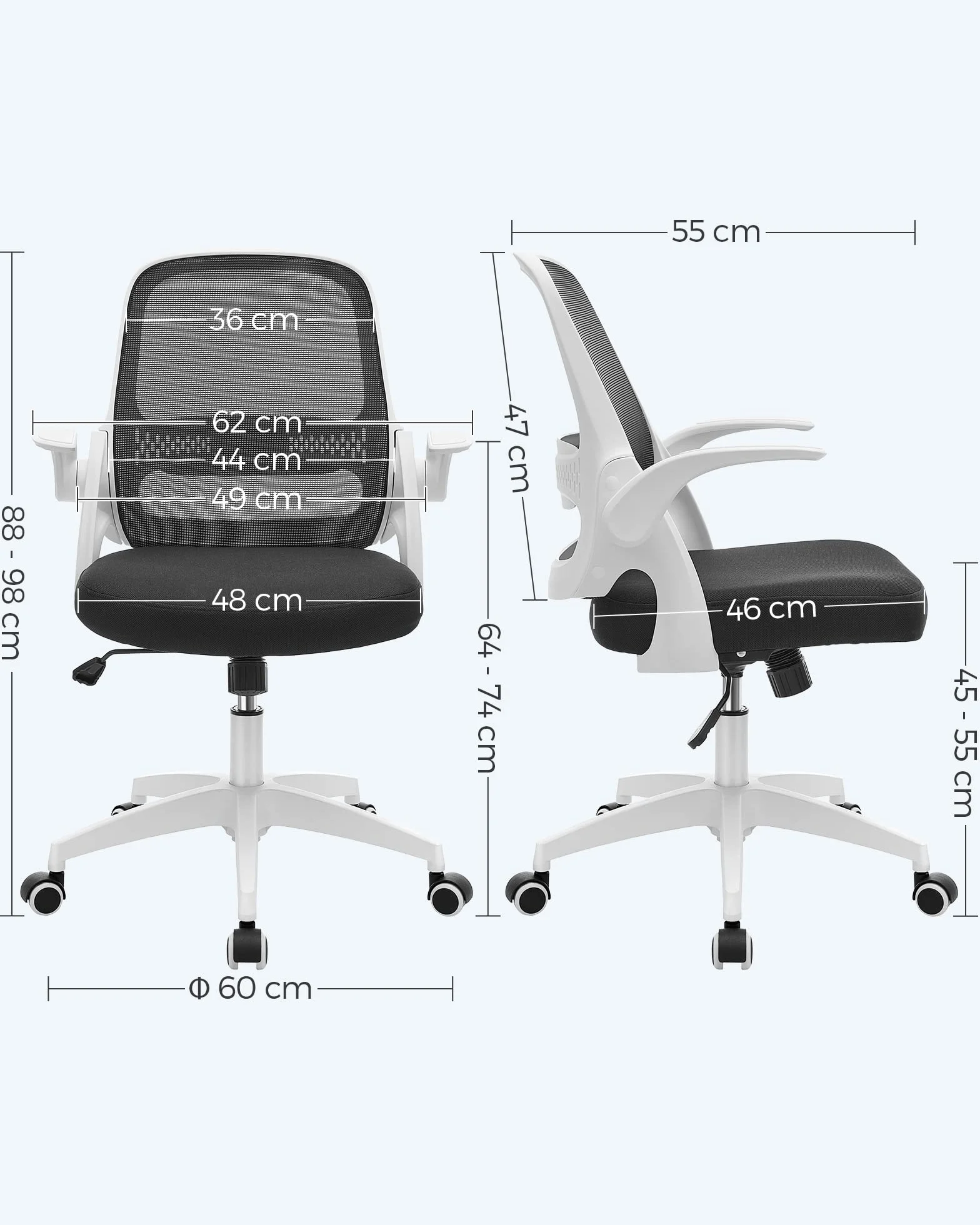 SONGMICS Silla de Oficina Ergonómica Giratoria Altura Ajustable Apoyabrazos Abatibles Blanco y Negro