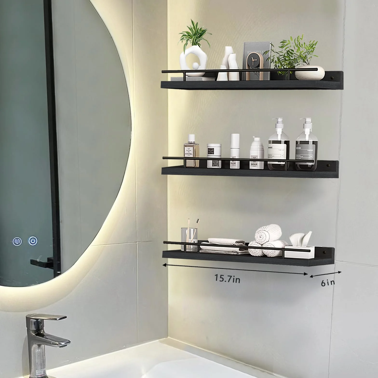 ZVZM Estantería de Pared para Baño y Cocina, 3 Baldas, Estante de Madera para Dormitorio, Sala de Estar