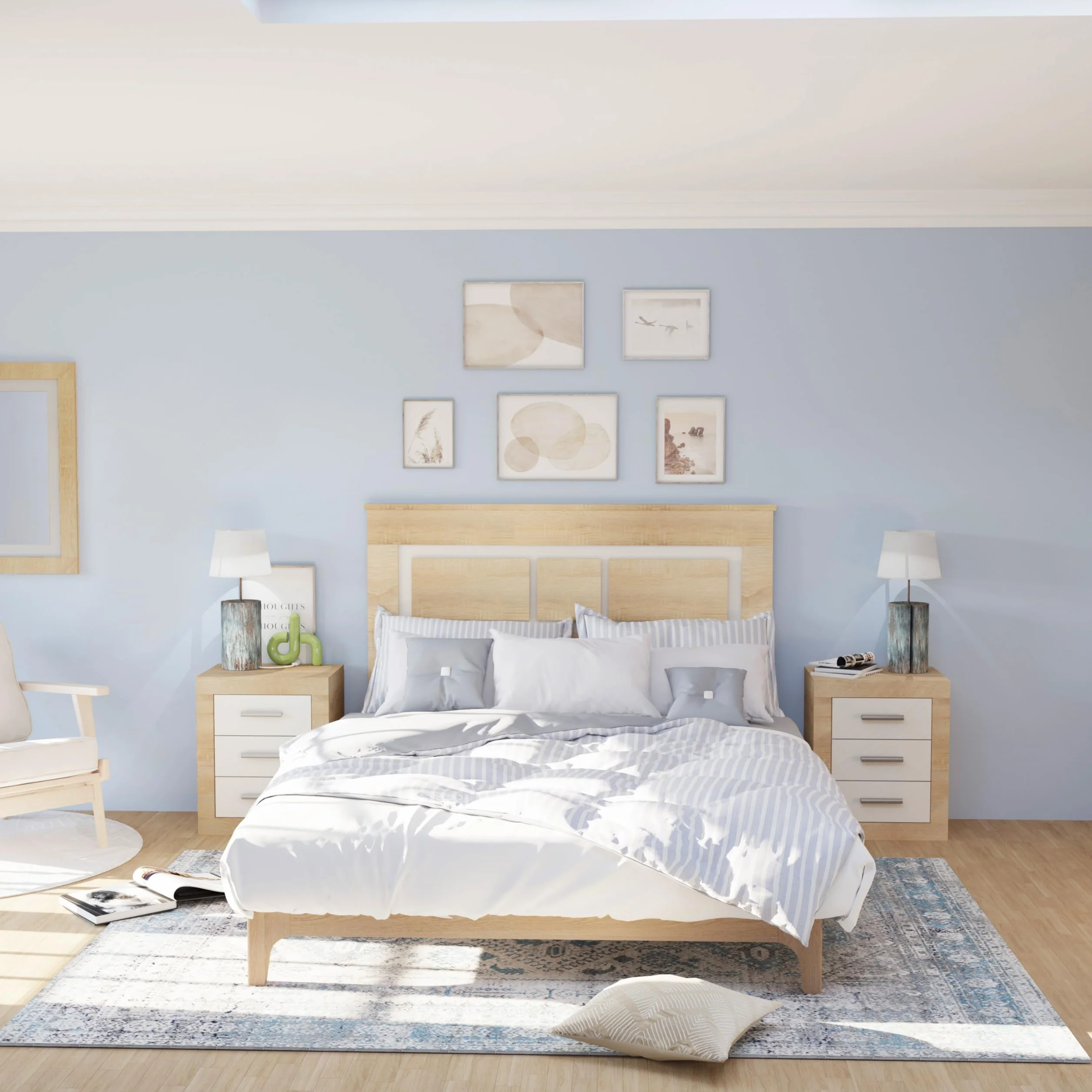 duehome | Conjunto de Dormitorio Kira 4c - Cabecero + 2 Mesitas de Noche + Comoda y Espejo, Acabado en Cambria y Blanco