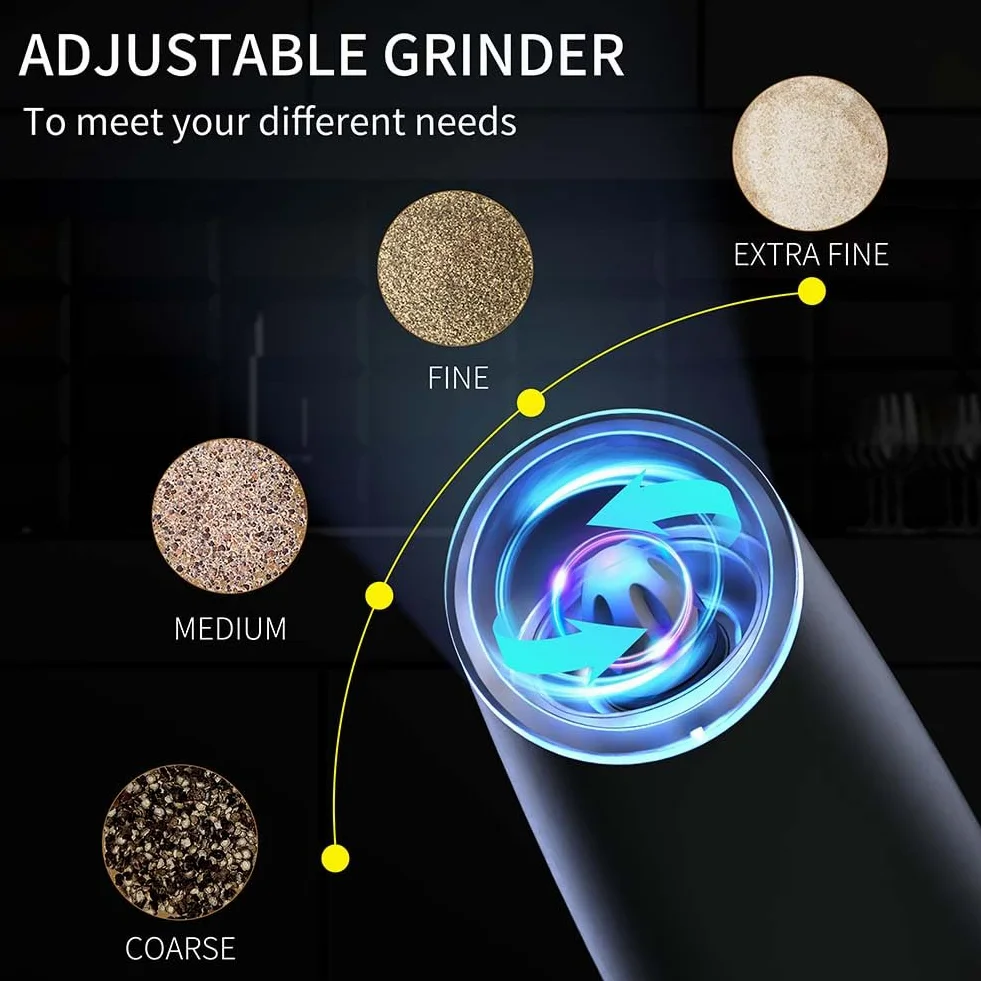 HOTUT 2 Piezas Molinillo Pimienta Electrico, Núcleo de Cerámica Grosor Ajustable Molino de Especias con Luz LED, Détection de la gravité, Recargable por USB, con Cepillo y Paño de Limpieza - Negro