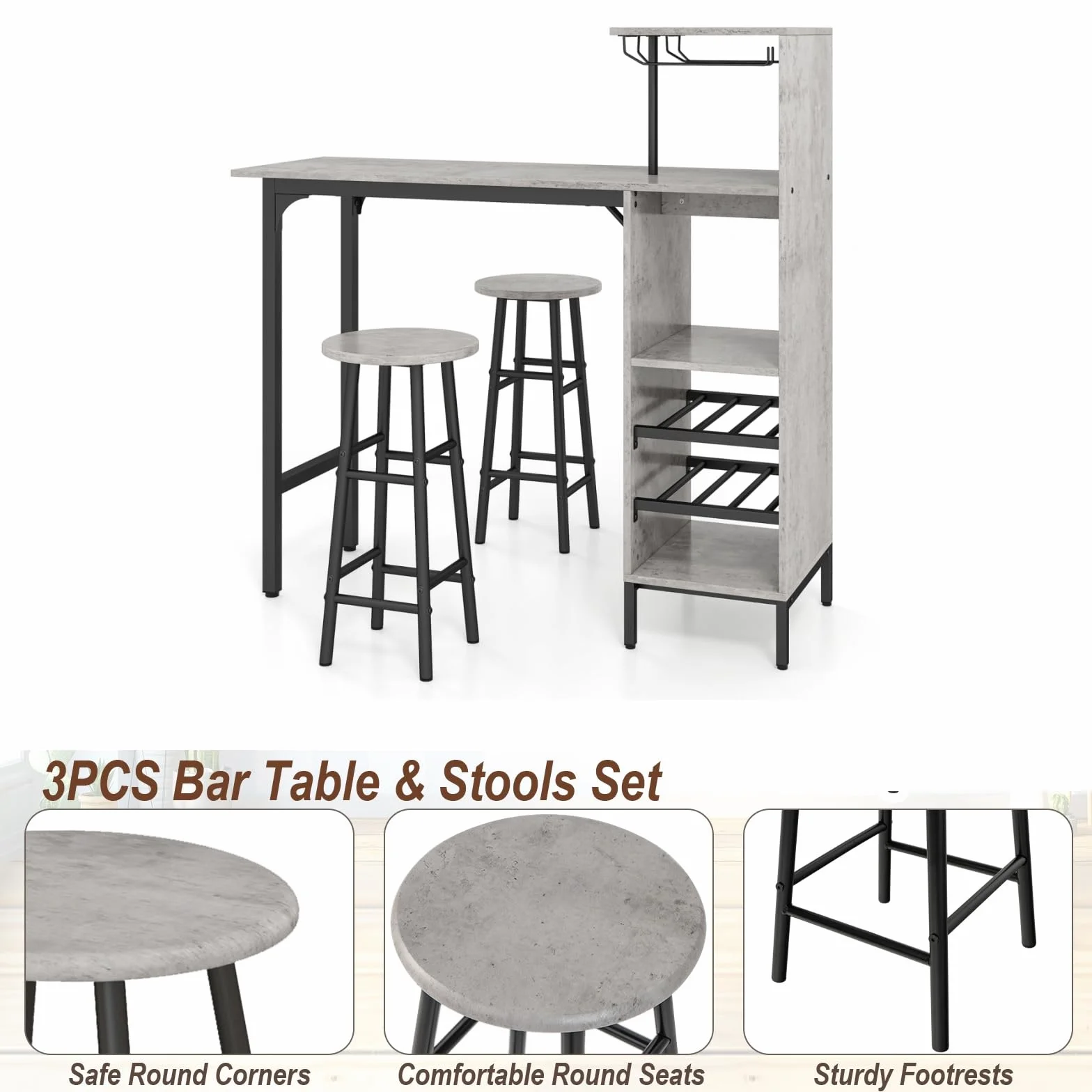 LIFEZEAL Juego de Comedor con 2 taburetes de Bar, Barra de Cocina con 2 sillas Altas, Mesa de Bar con peldaños Abiertos, botellero para Copas de Vino, para Cocina, salón y Bar (Gris)